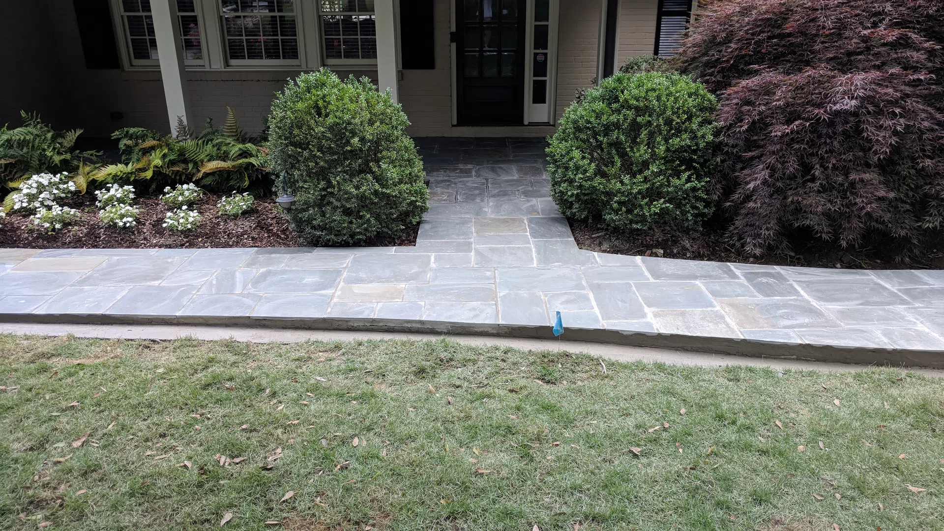 Front porch with stone walkway, symmetrical green shrubs, flower bed, and large reddish tree on a suburban house.