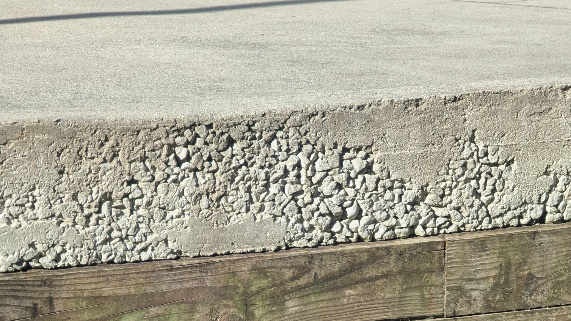 Close-up of weathered wooden planks, concrete ledge, and dry leaves with some green plants in mulch.