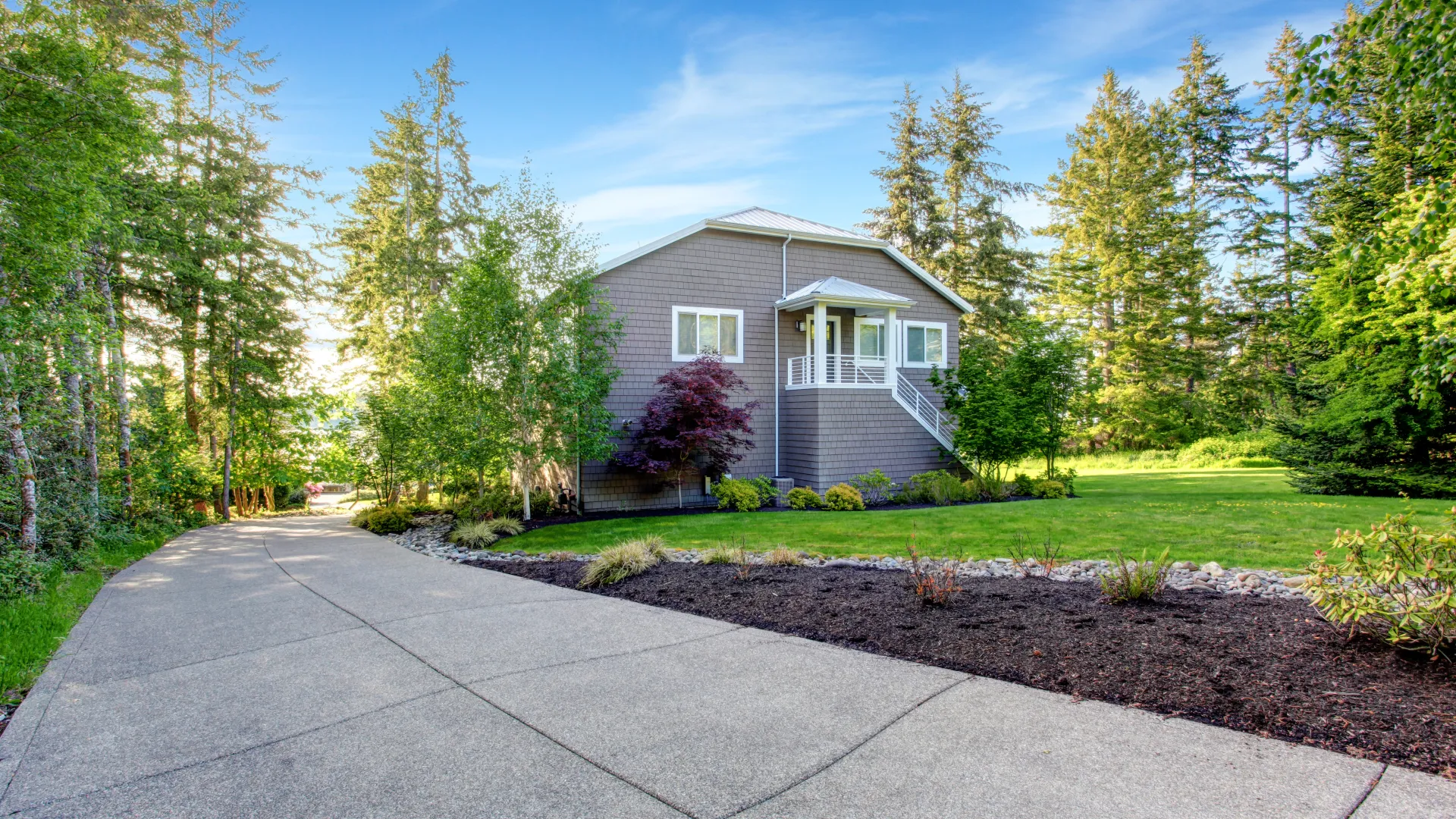 a house with a driveway and trees around it