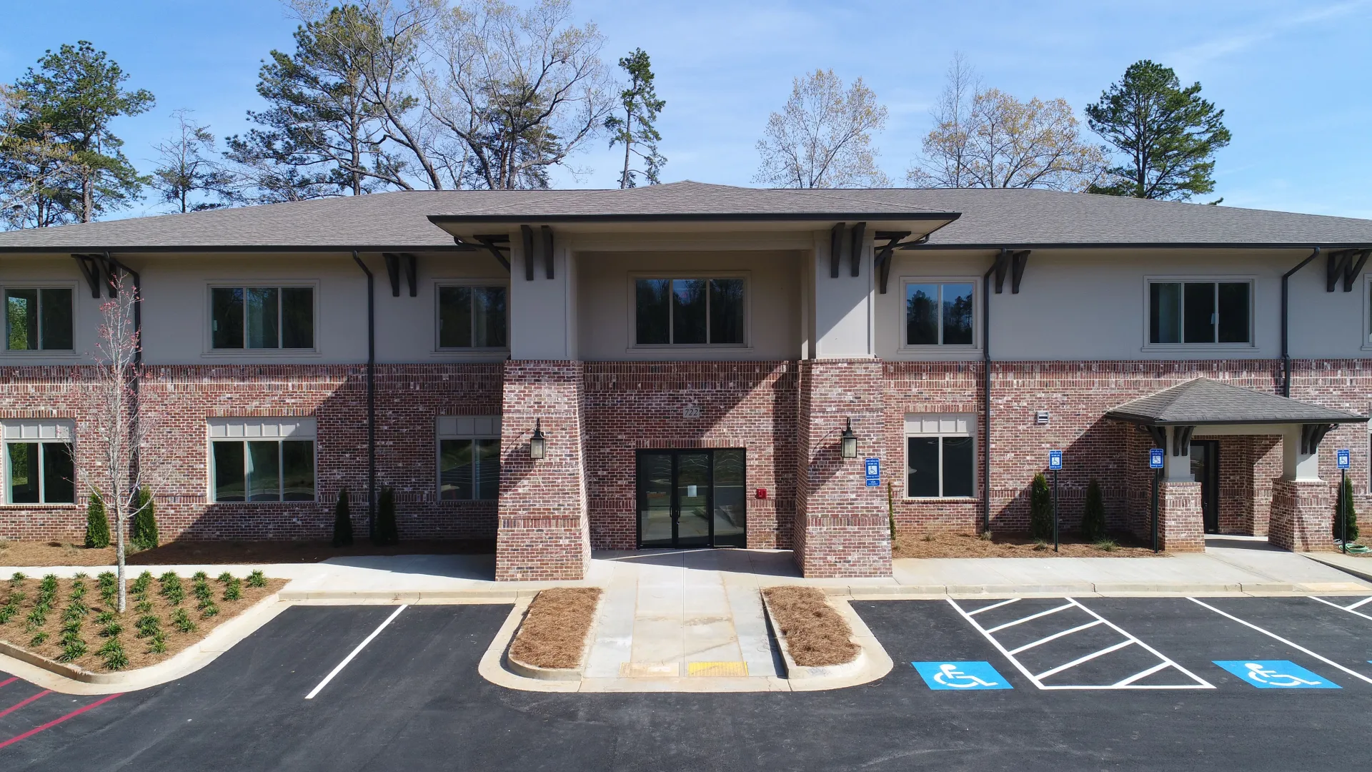 a building with a parking lot