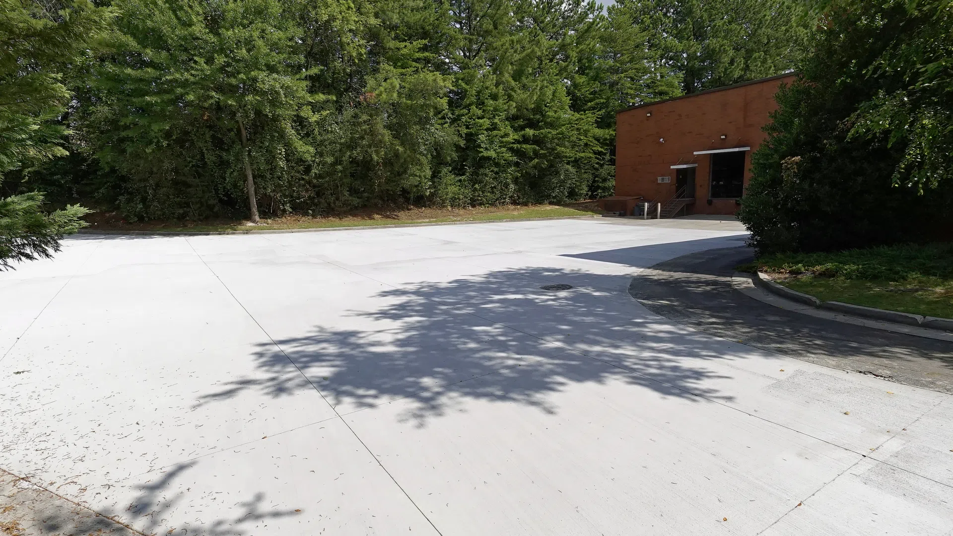 A bright, empty parking lot surrounded by lush green trees under a clear blue sky.