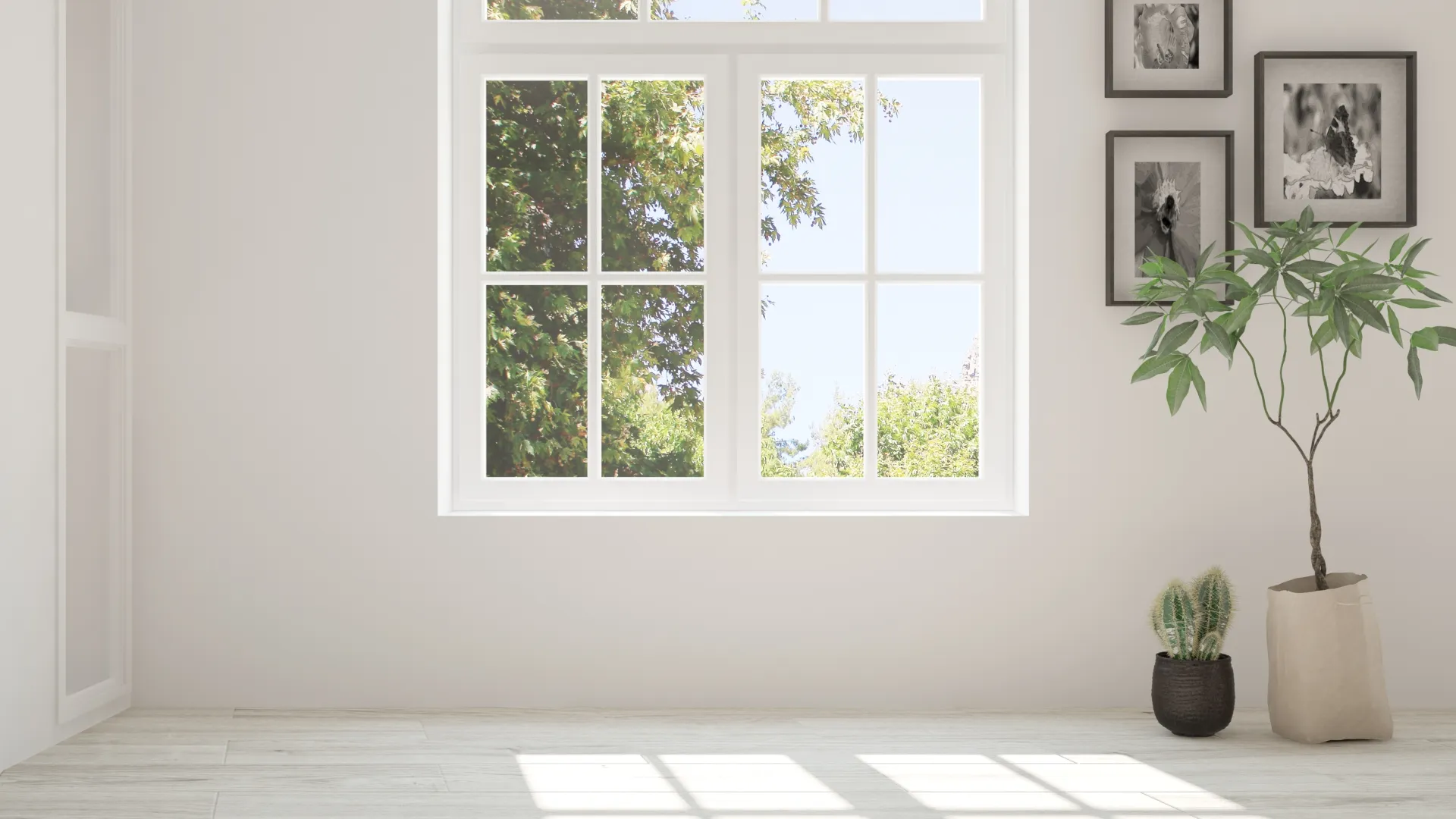 a room with a window and potted plants