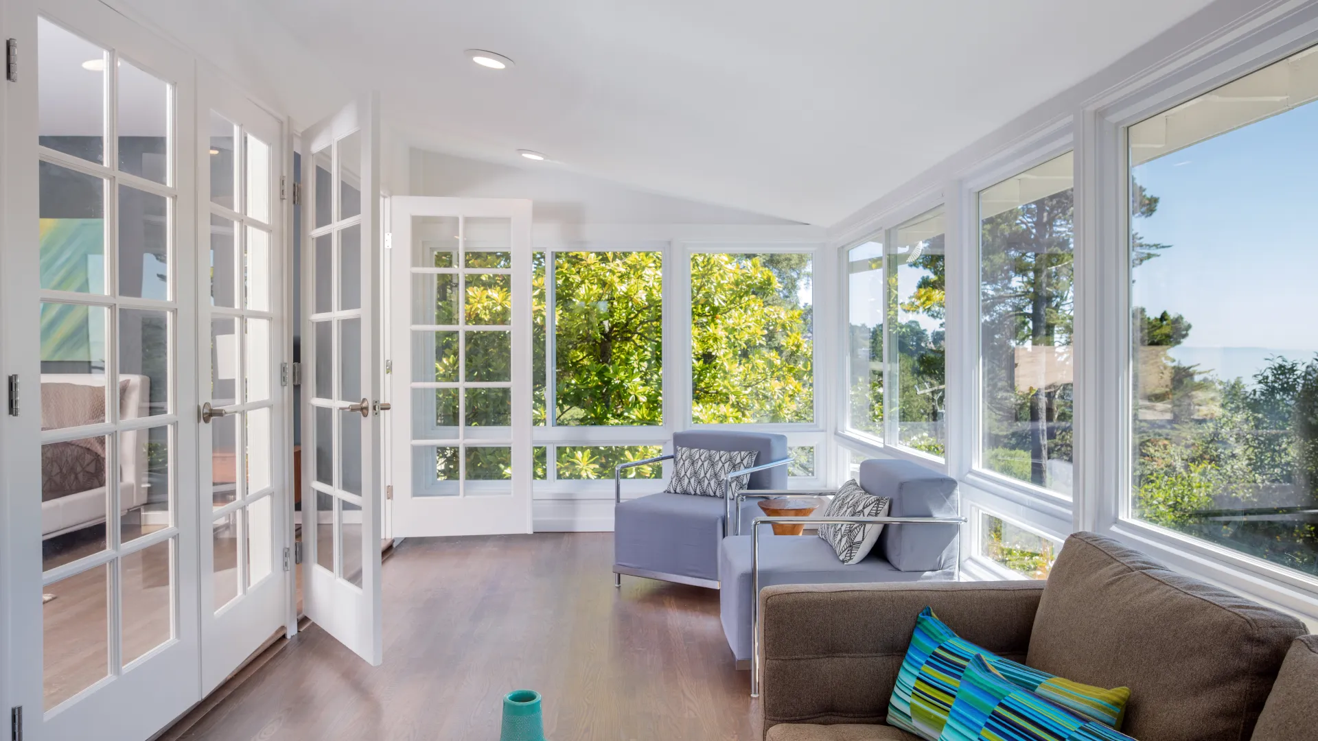 a living room with a large window