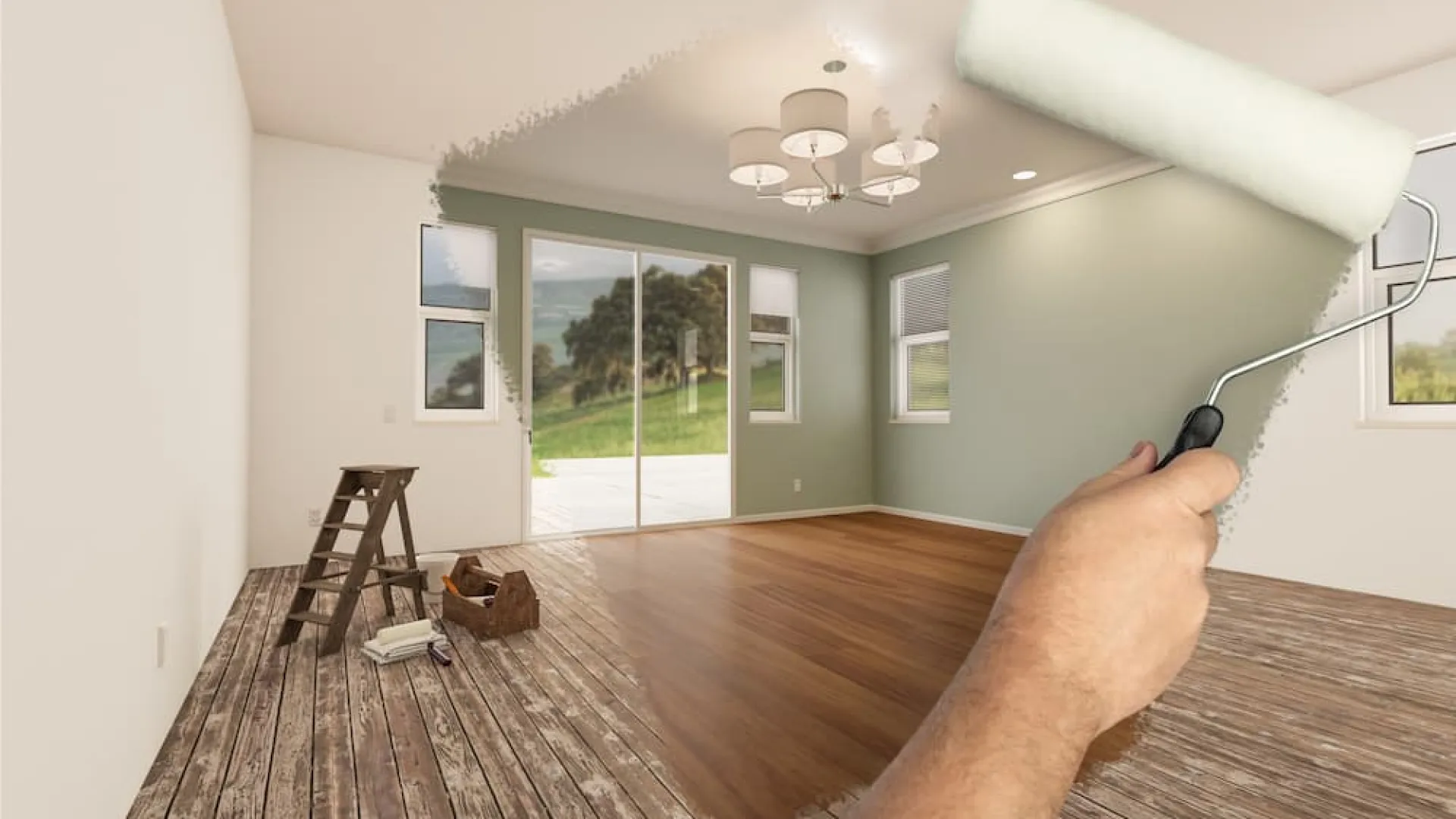 Hand holding a roller painting a wall green over a digital image of a room renovation, promoting professional home painting services.