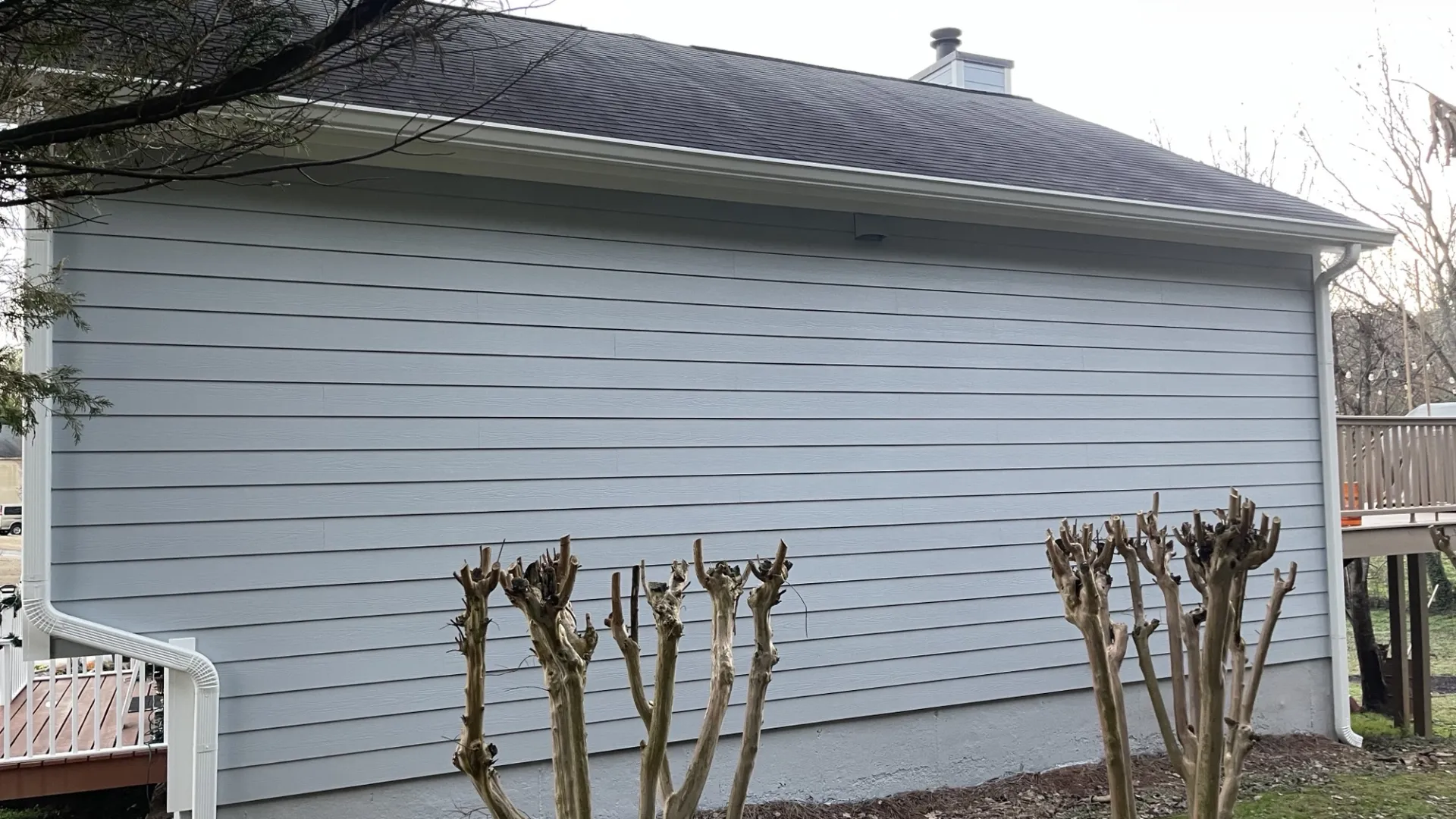 a house with a fence and plants in front of it