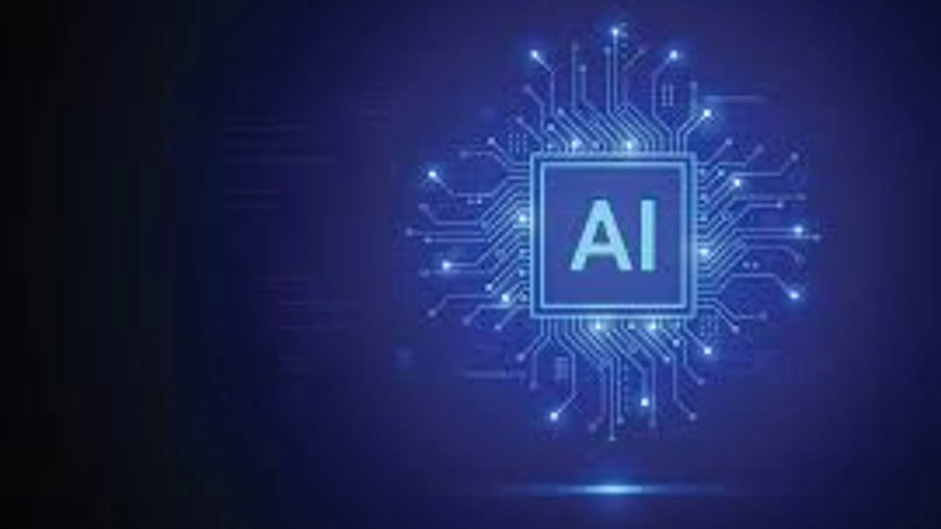 Blue AI microchip circuit glowing on a dark digital background symbolizing artificial intelligence technology.