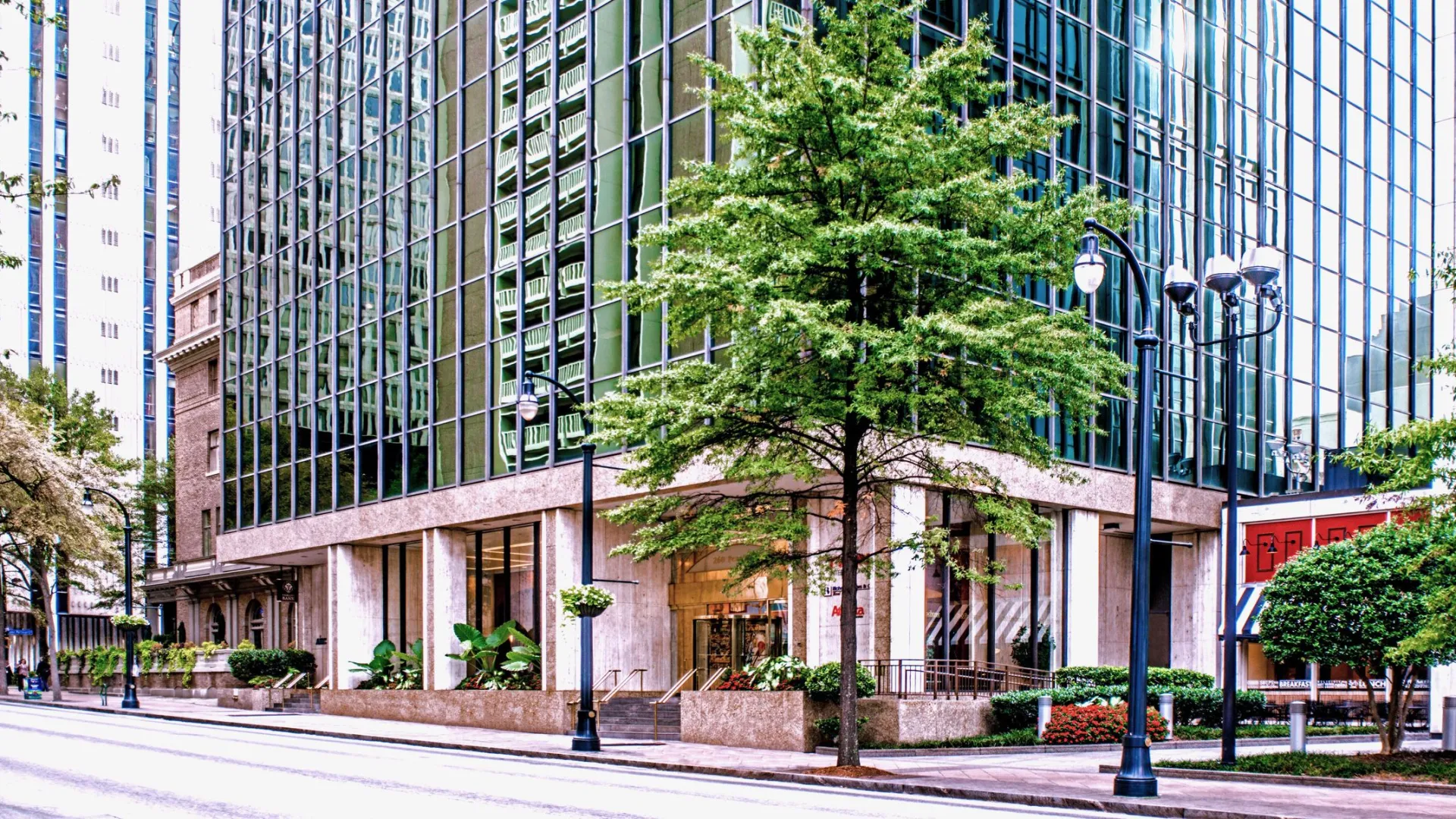 a city street and large building