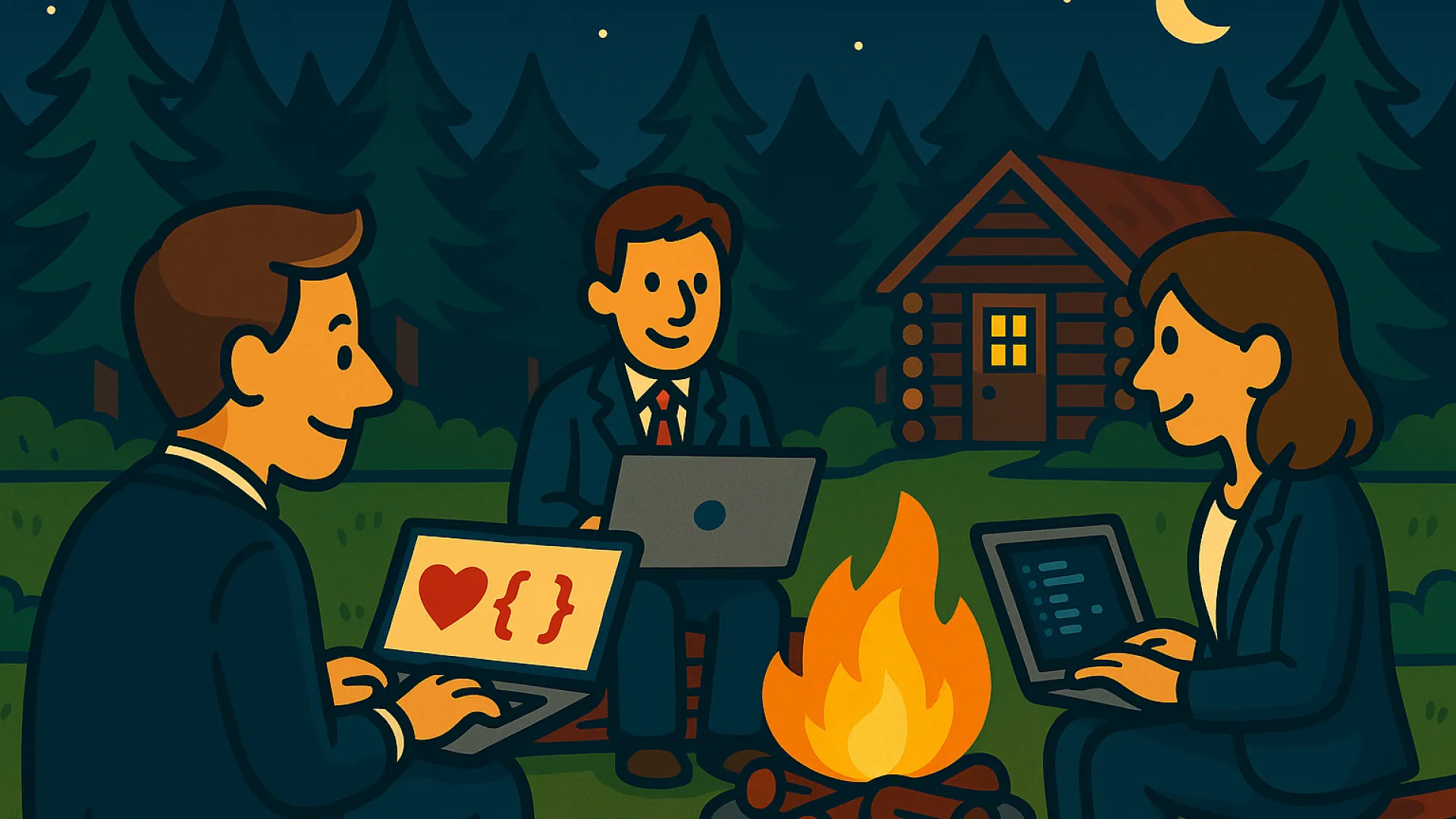 Three businesspeople in suits coding on laptops around a campfire near a cabin at night in the woods.