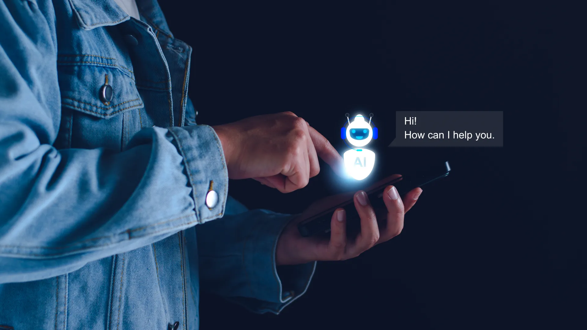 Person interacting with smartphone showing glowing AI chatbot icon and message saying How can I help you