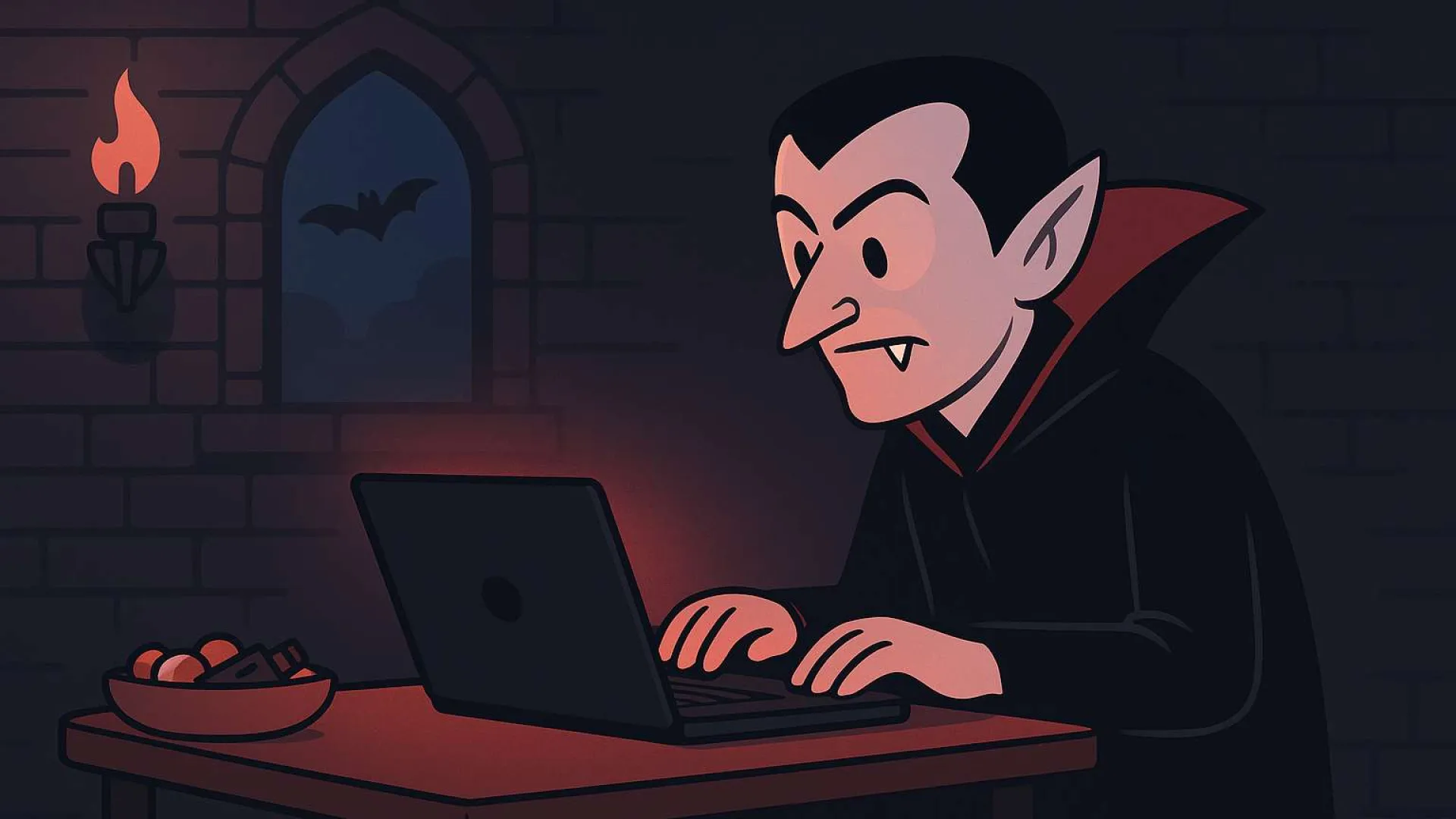 Cartoon vampire with fangs typing on a laptop in a dark castle room with a bat outside the window.