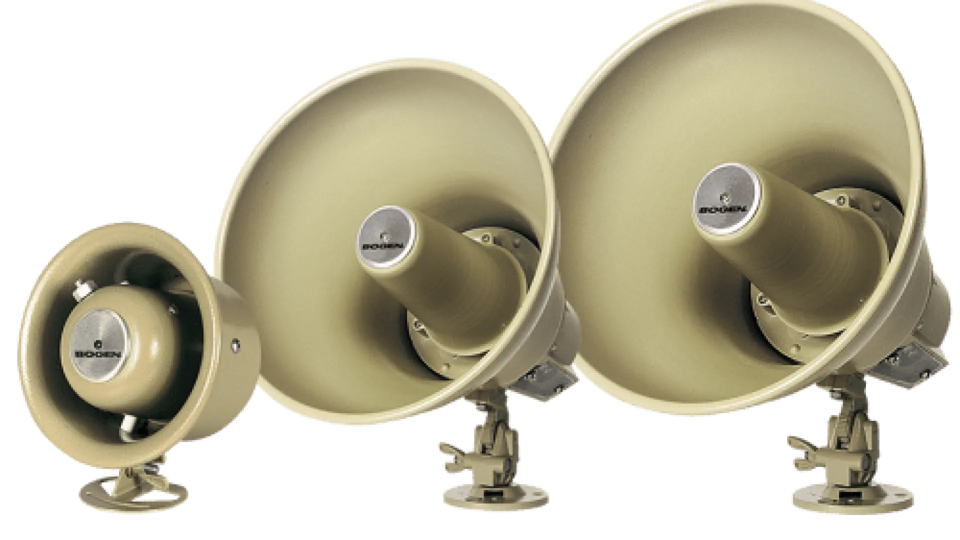 Three beige industrial loudspeakers of varying sizes with mounting brackets isolated on black background