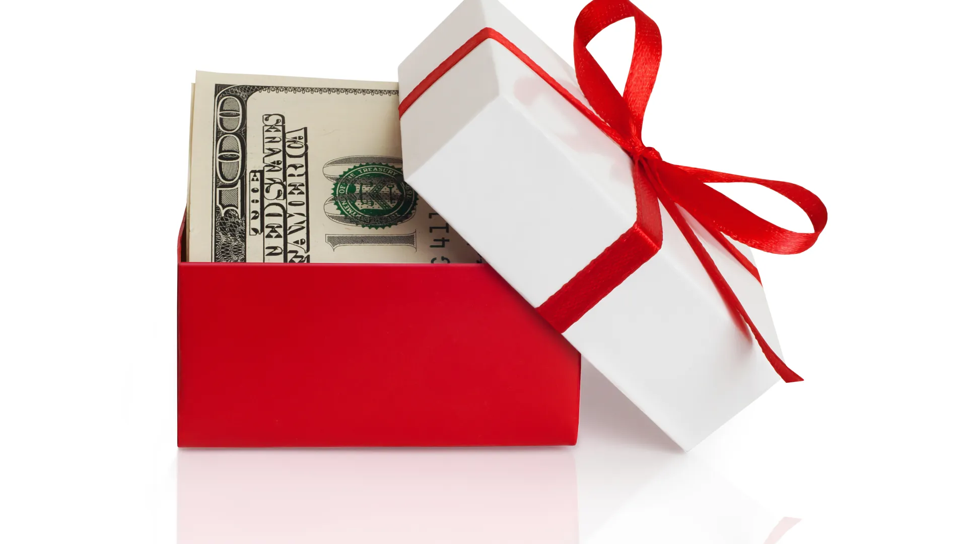 Open red gift box with white lid and red ribbon containing folded hundred-dollar bills on white background