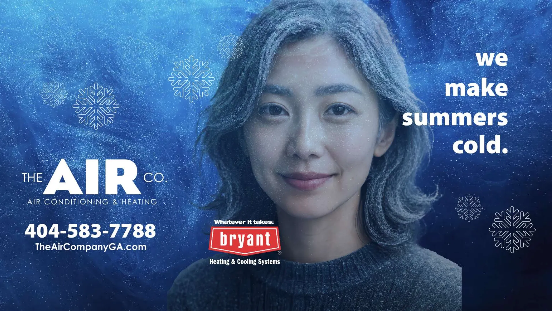 Portrait of a woman with frosted hair on a blue background with snowflakes and air conditioning company info.