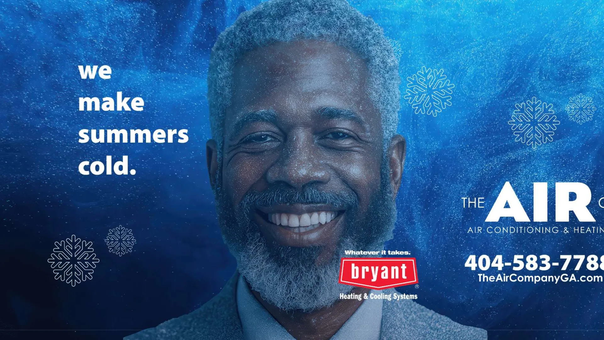 Smiling man with gray hair on a blue snowflake background for air conditioning company ad with contact details.