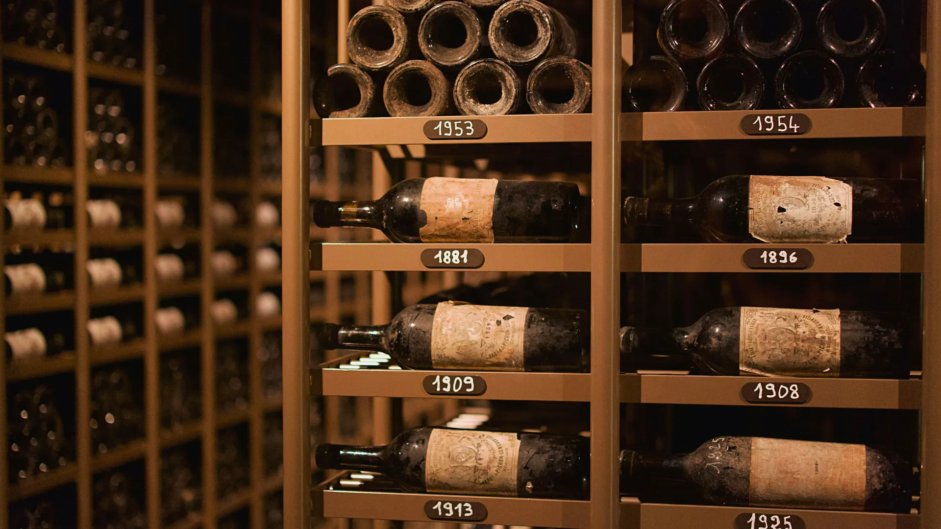 Old wine bottles covered in dust stored on labeled wooden racks in a dim wine cellar.