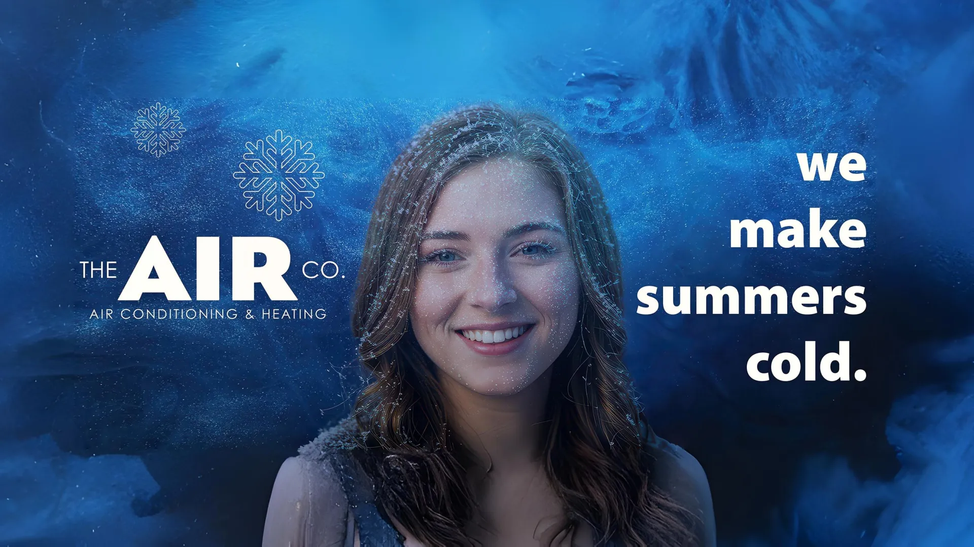 Smiling woman with frosty hair and blue icy background promoting air conditioning and heating services.