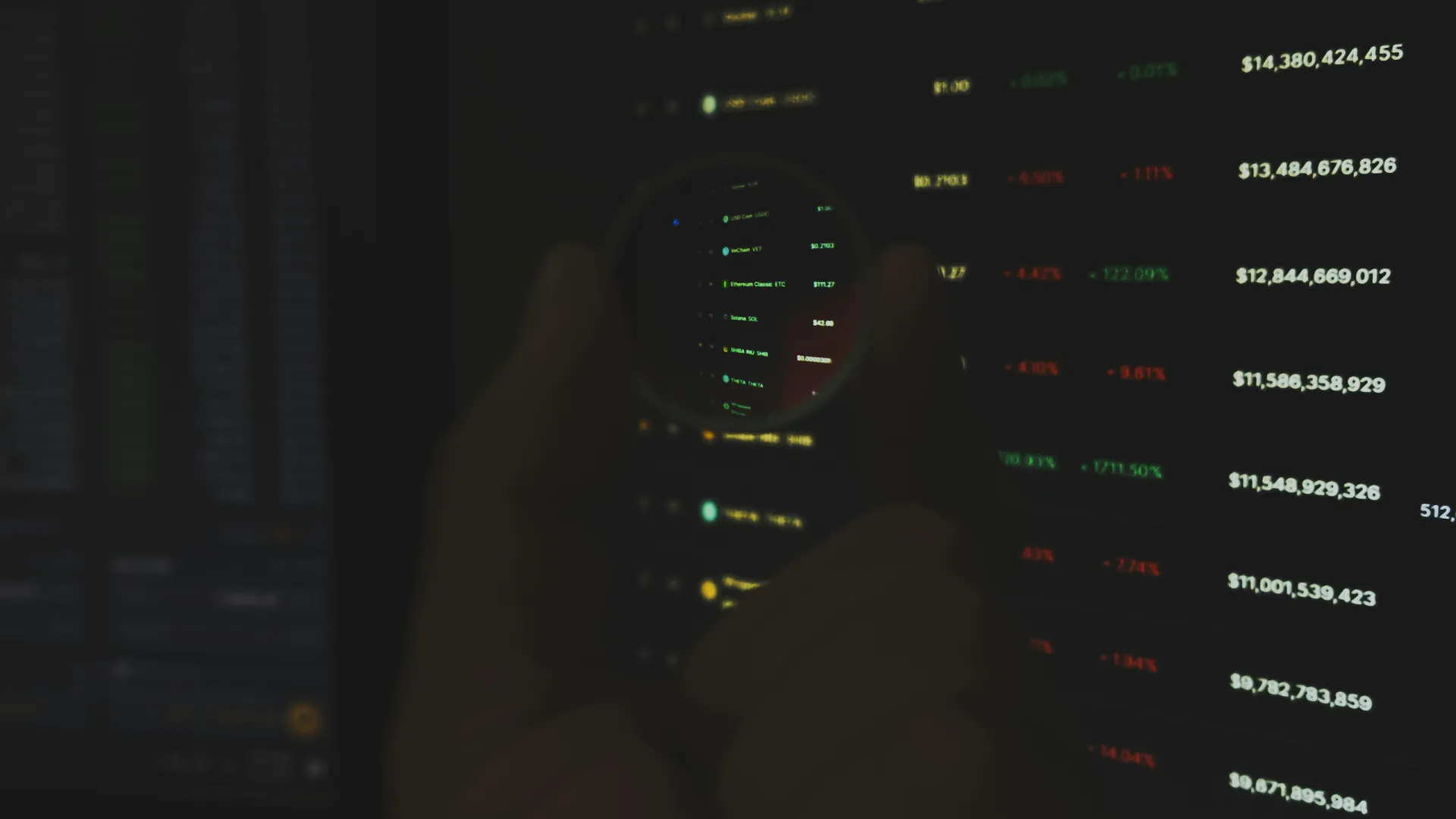 Hand holding a magnifying glass over financial data and stock market numbers on a dark screen.