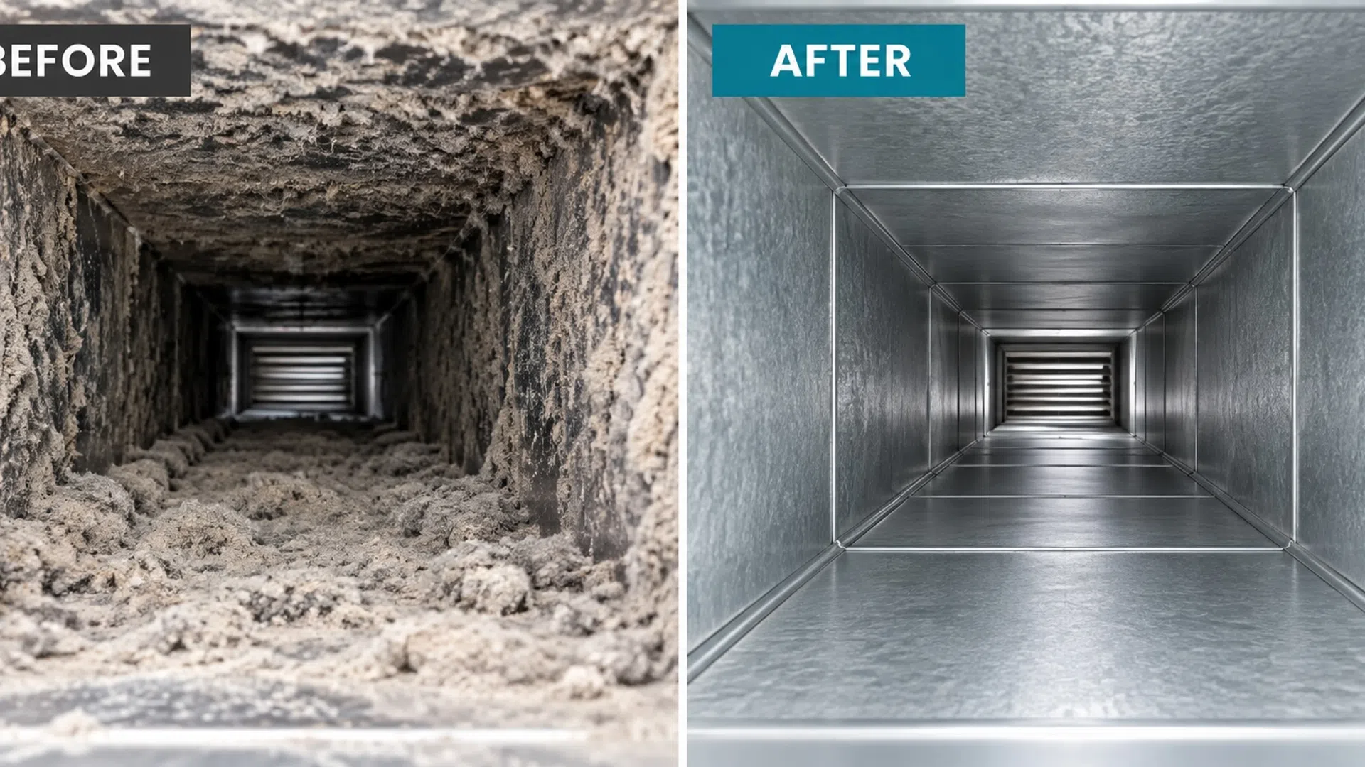 Before and after views of an air duct showing heavy dust buildup cleaned to a spotless metallic surface.