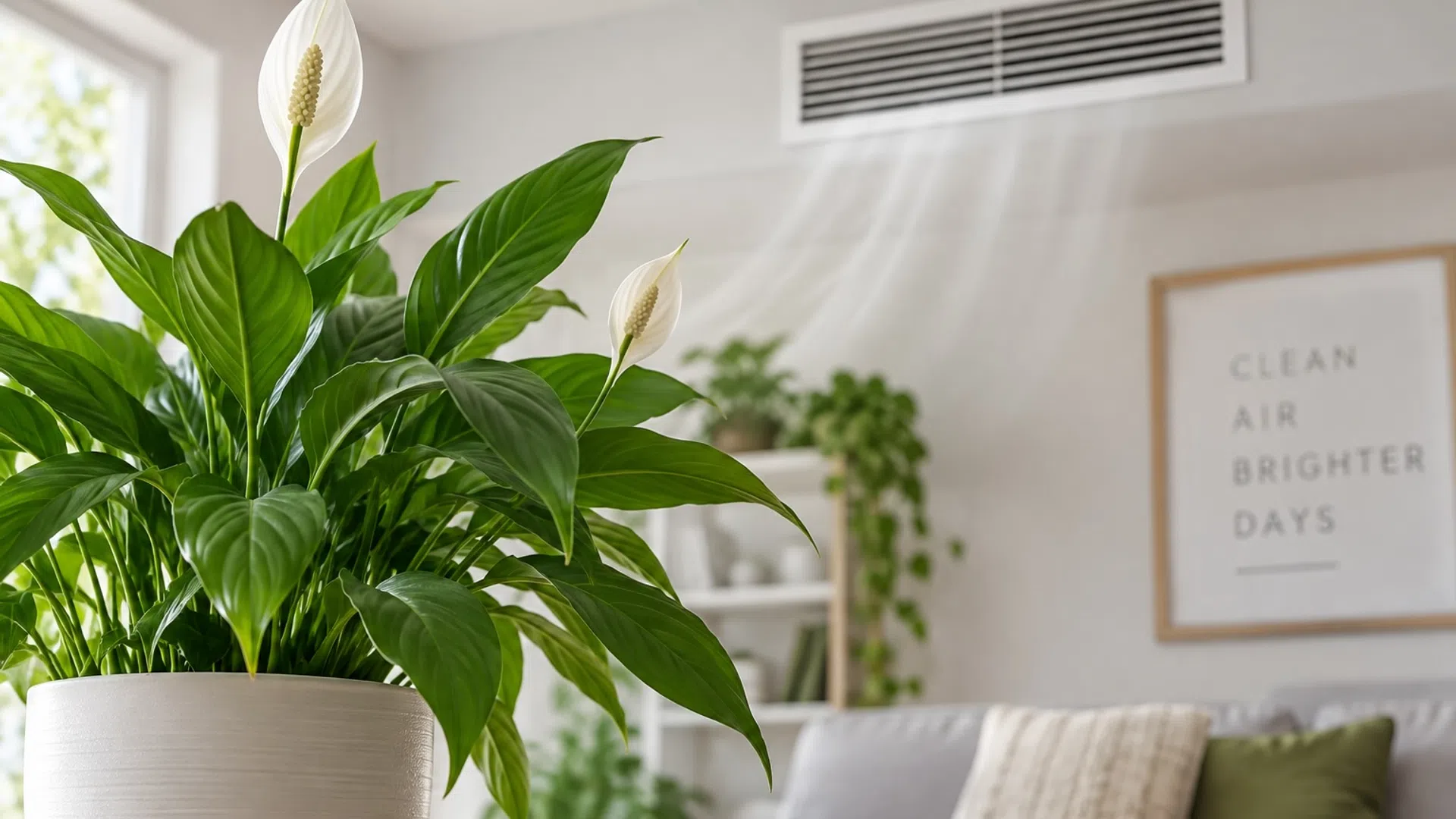 Indoor peace lily plant in a white pot with living room background and clean air vent above.