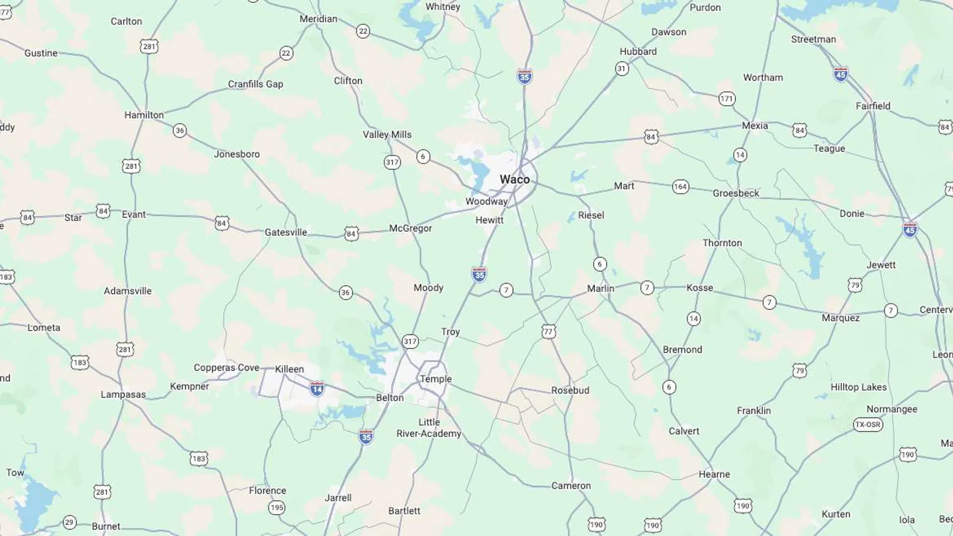Map showing cities and highways around Waco, Texas, including Temple, Killeen, and Lampasas.