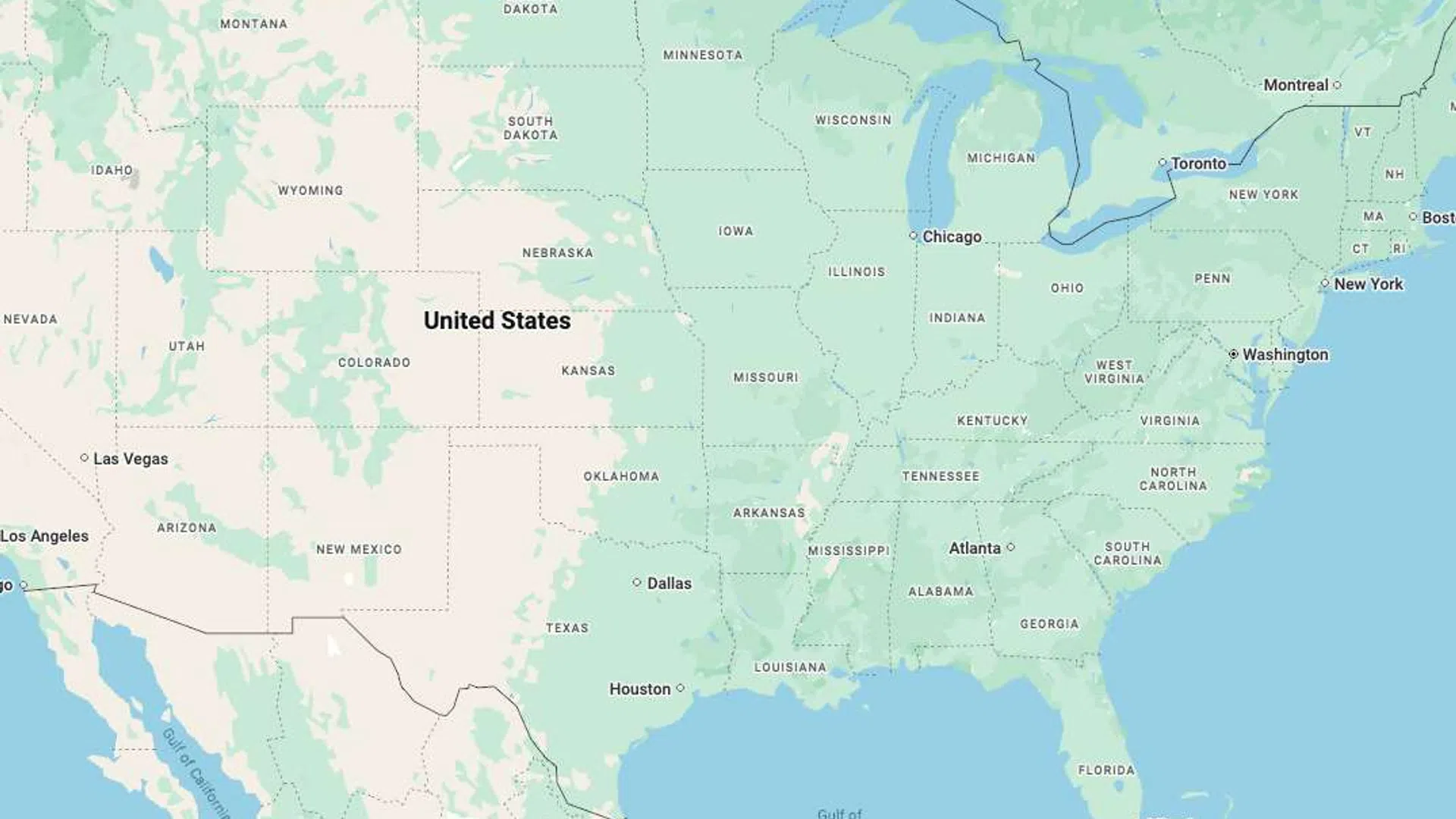 Map of the United States and surrounding areas showing major cities and states in light green and blue.
