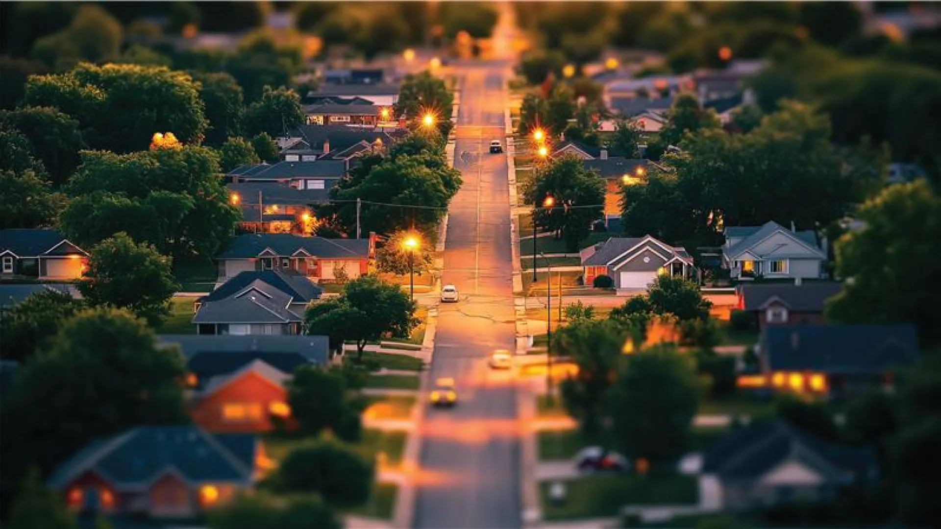 Aerial twilight view of a suburban street lined with houses, trees, and streetlights casting warm glows.