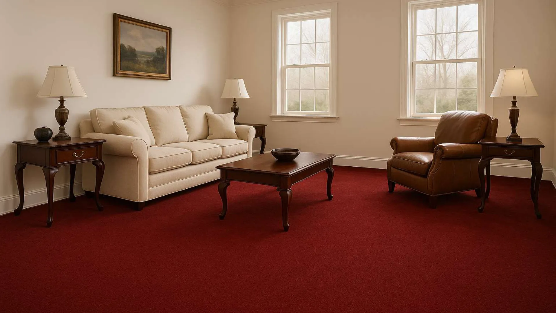 Virginia Beach living room with beige sofa, brown leather armchair, wooden coffee table, side tables, and red carpet flooring.