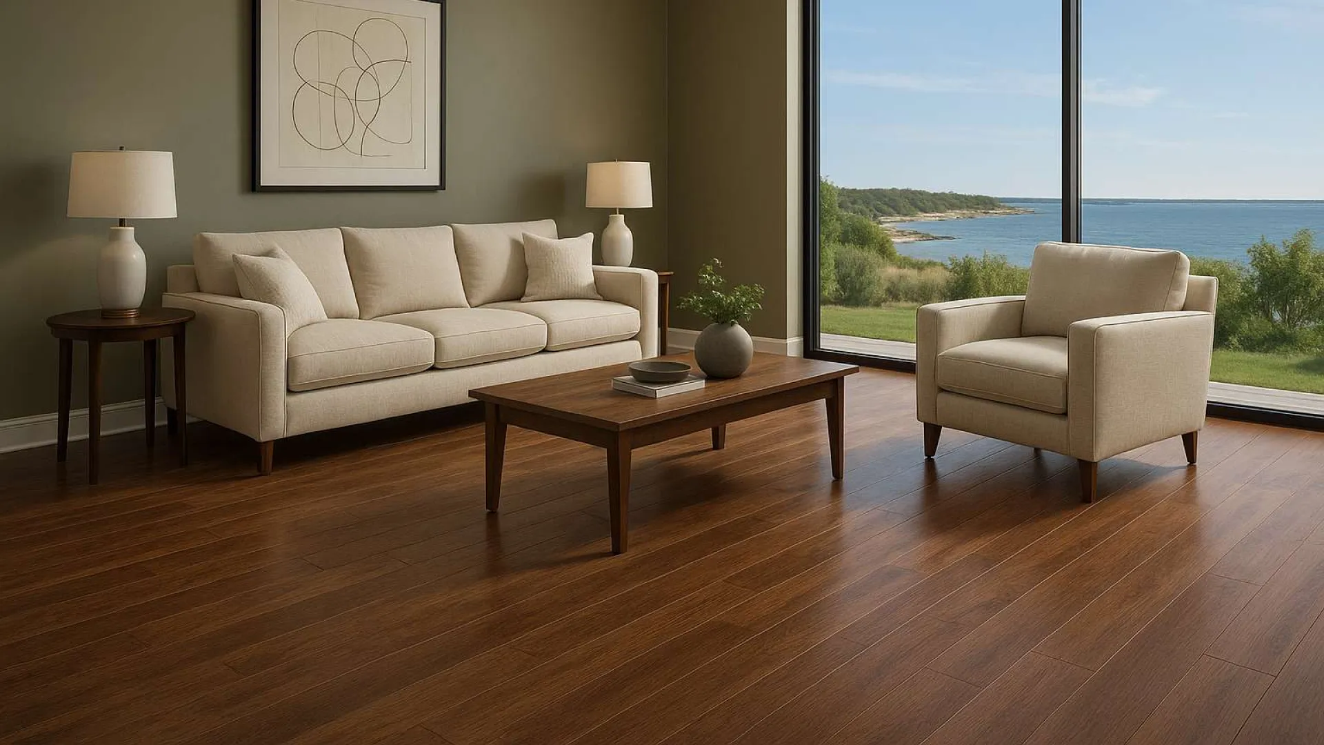 Modern living room with beige sofa, armchair, wooden coffee table, and large window overlooking ocean view.