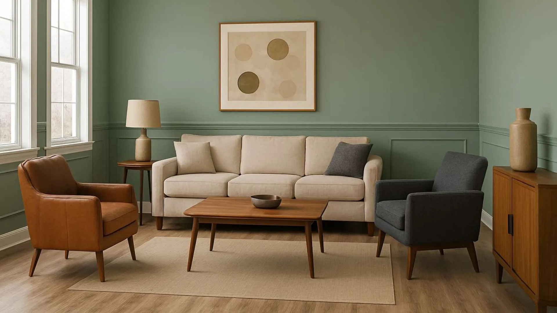Modern living room with beige sofa, brown and gray armchairs, wooden coffee table, and green walls with artwork.