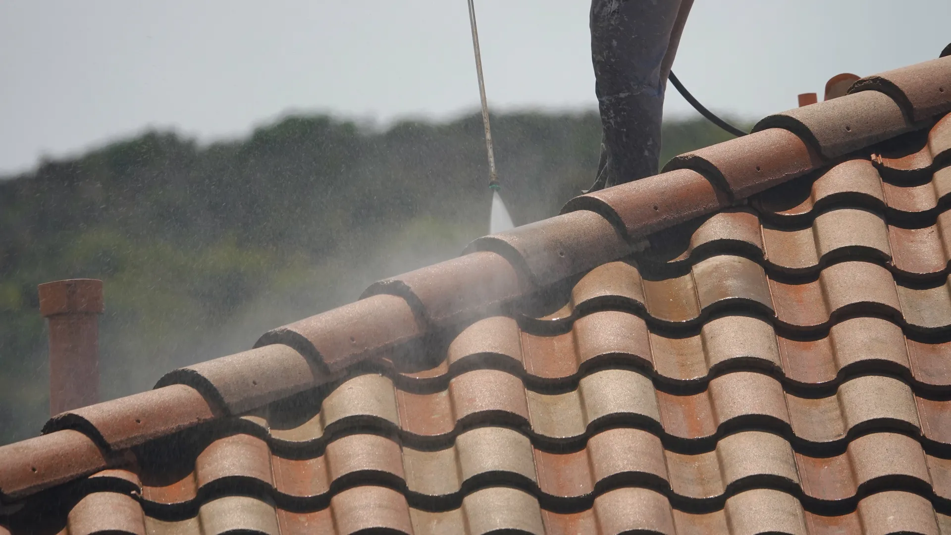 Close-up of a person pressure washing a tiled roof with green foliage in the background under a clear sky