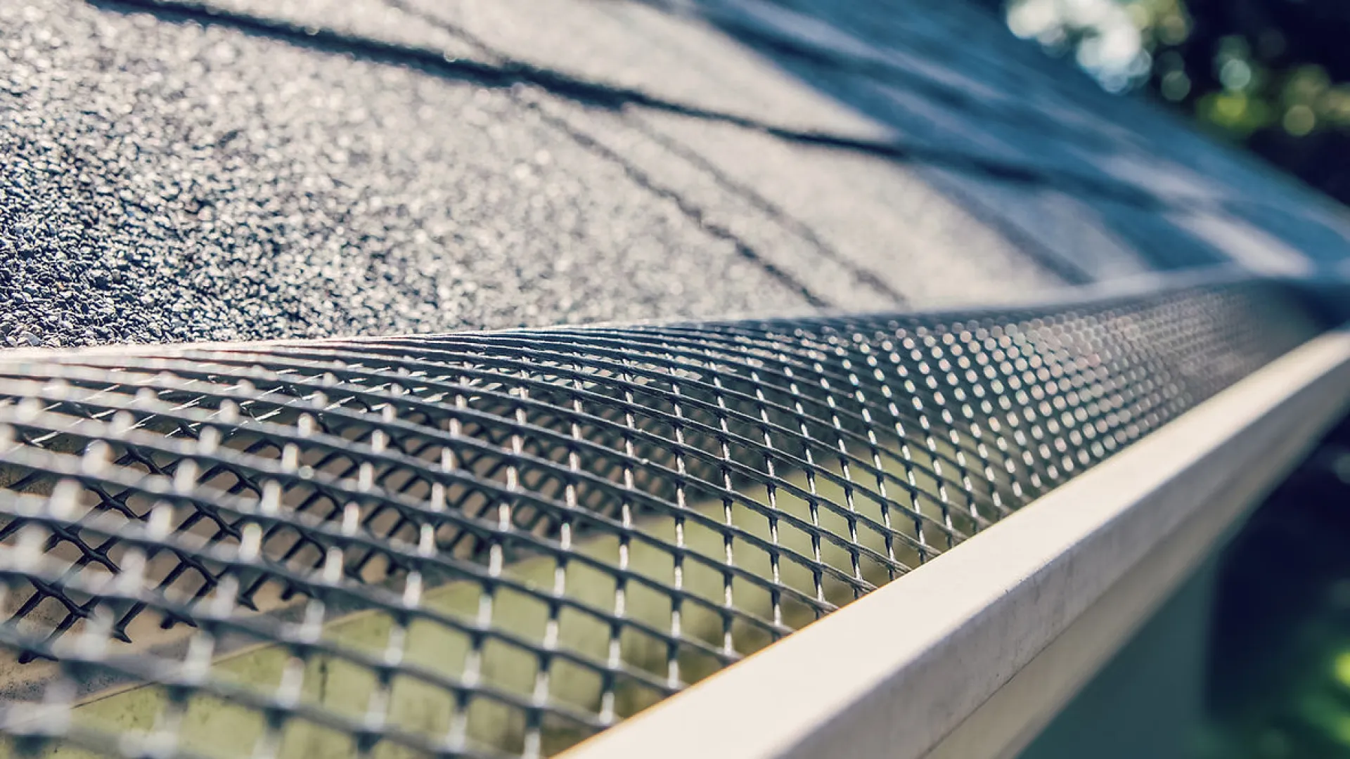 Close-up of a house roof gutter with a metal mesh guard preventing debris buildup under sunlight.