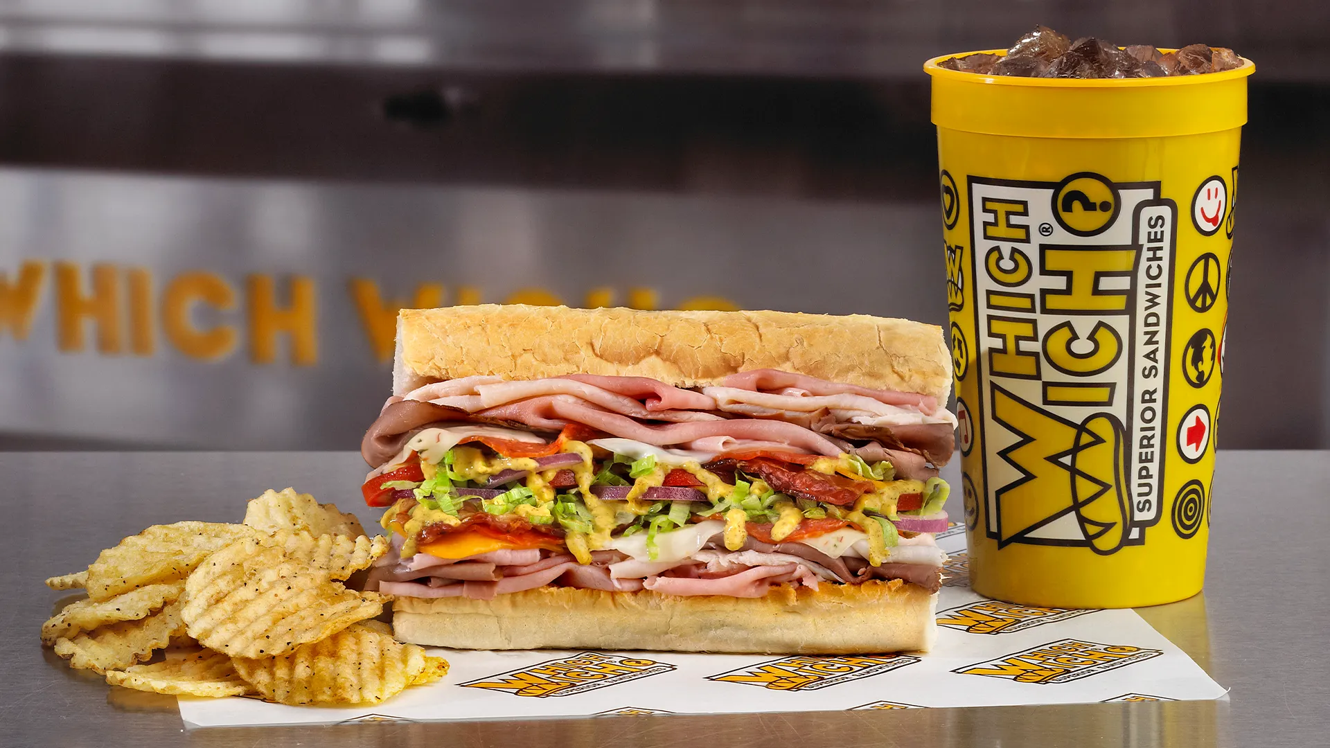 Which Wich sandwich and a drink