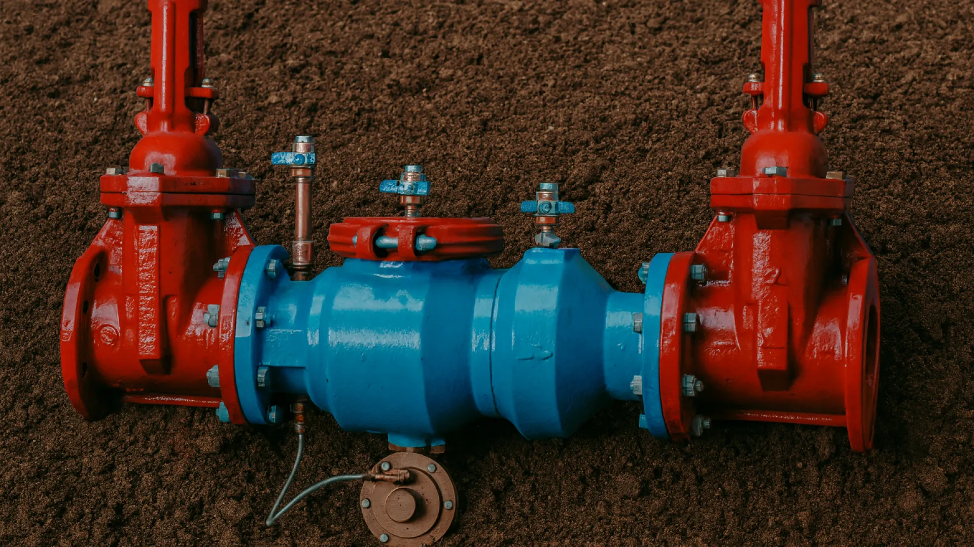Close-up of red and blue industrial water valves mounted against a textured brown background.