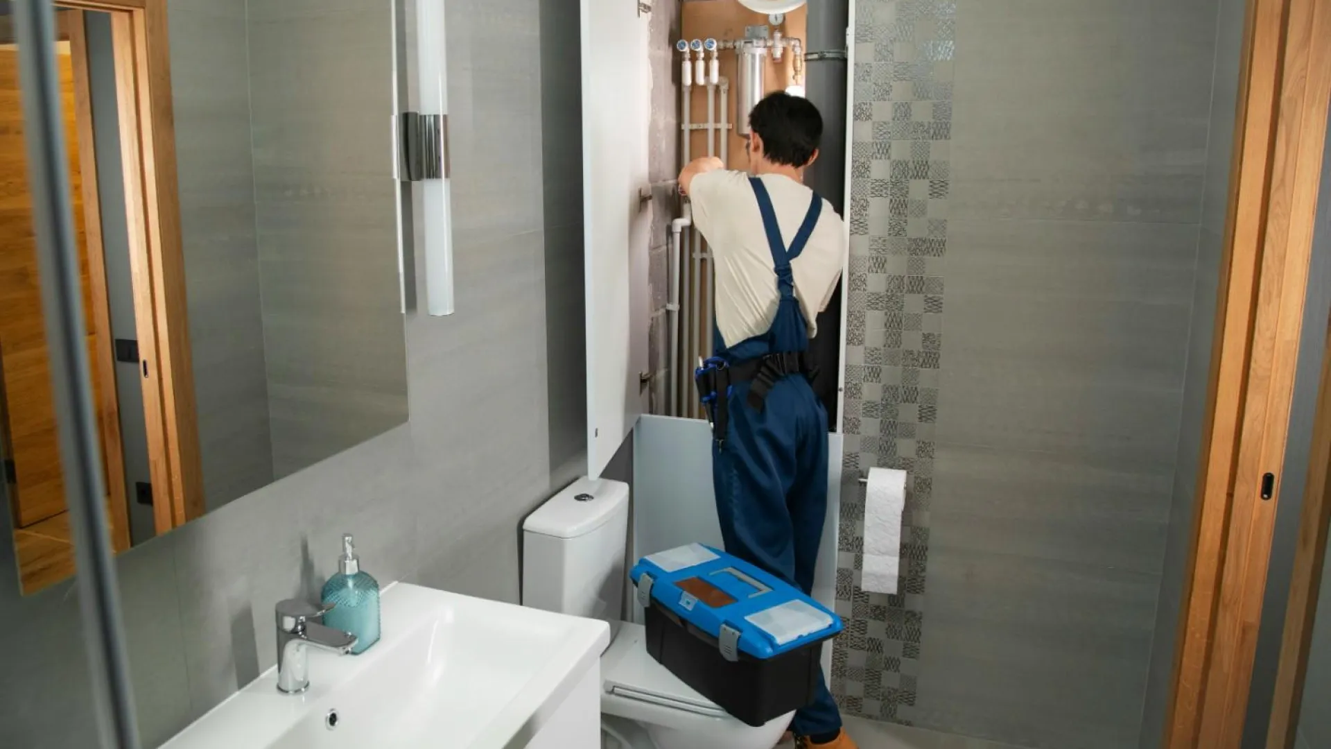 Plumber in overalls repairing bathroom plumbing behind a panel next to a toilet and sink in a modern bathroom.