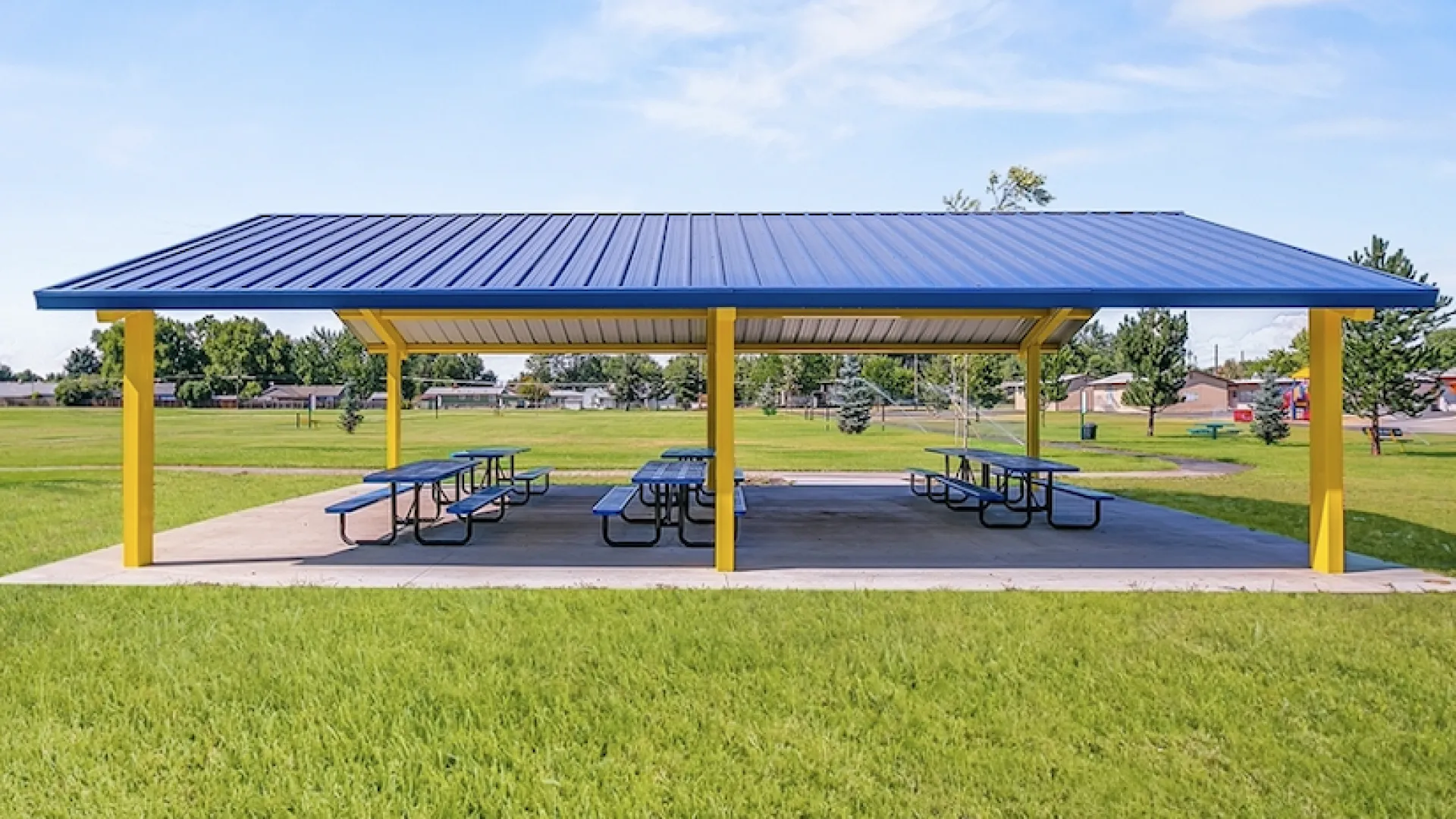 a covered area with benches