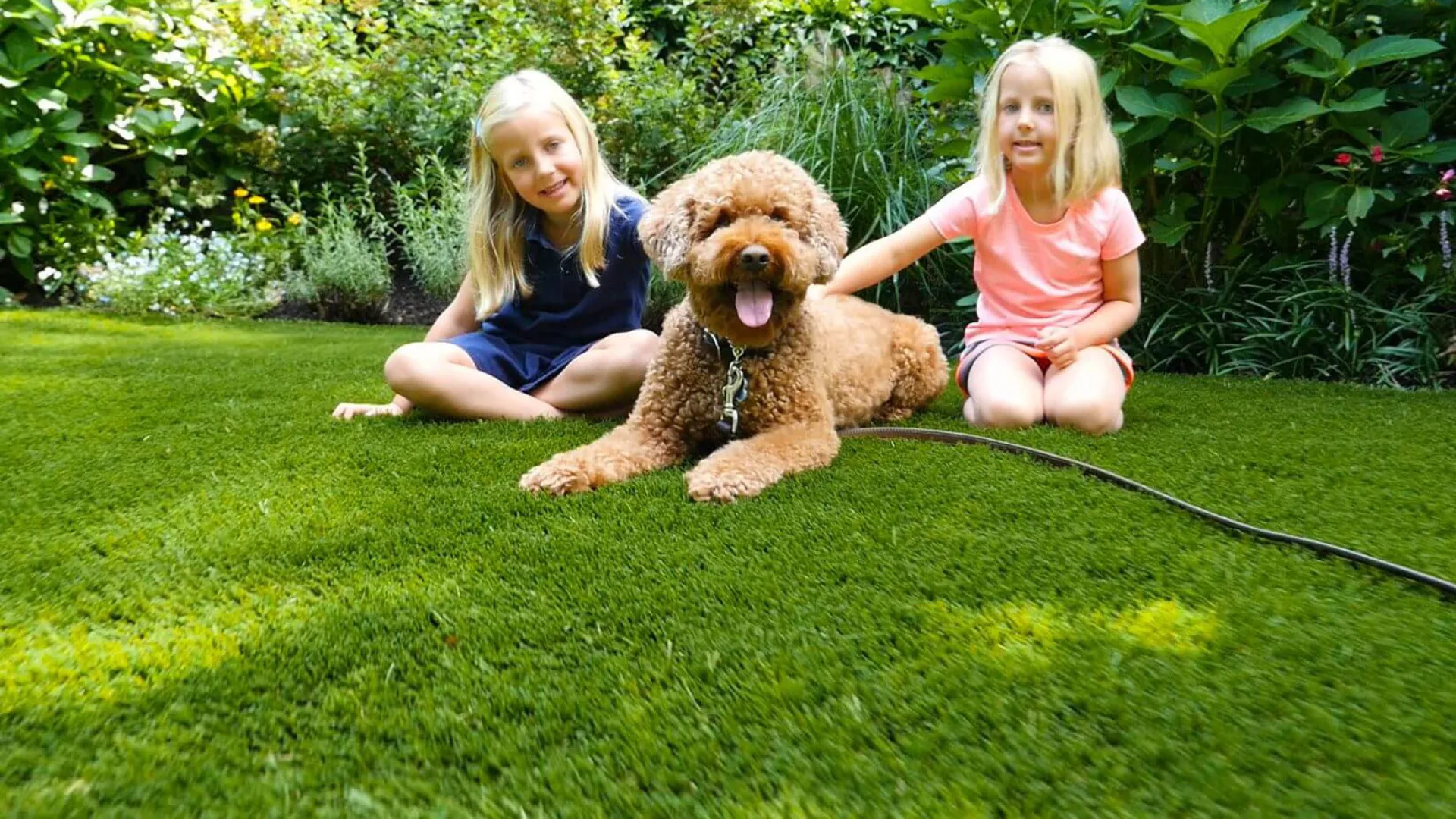 two girls sitting on grass with a dog