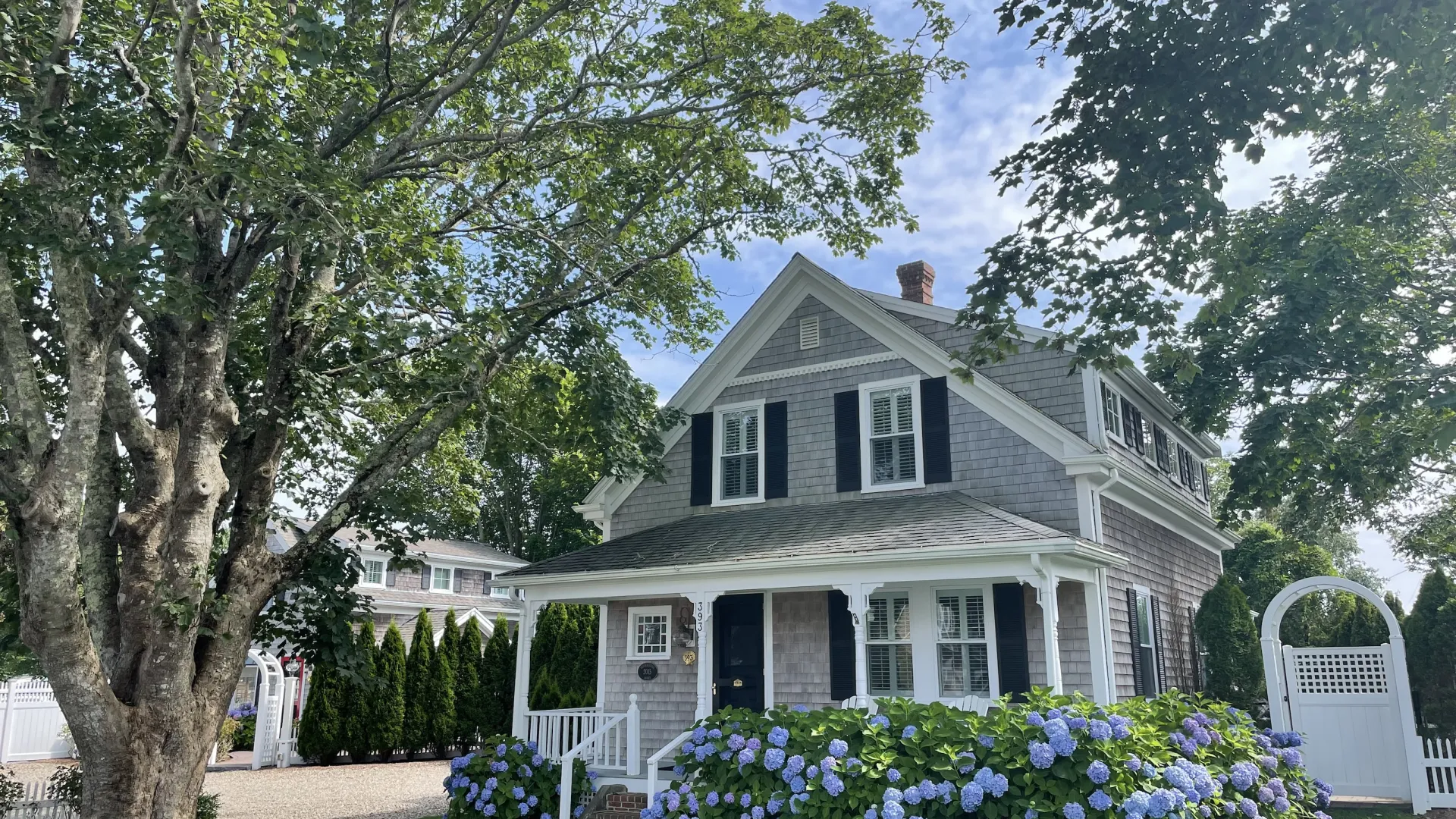 a white house with a large front yard and a large tree