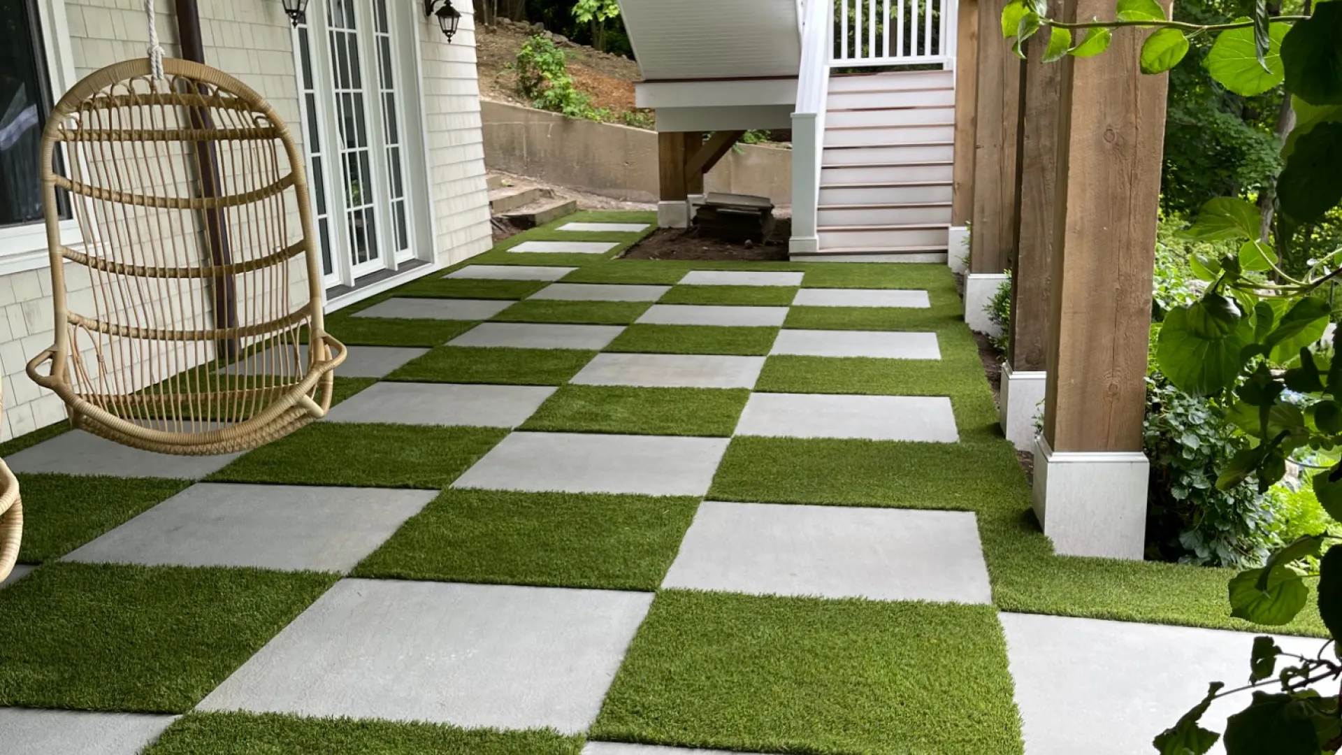 a green and white tiled patio