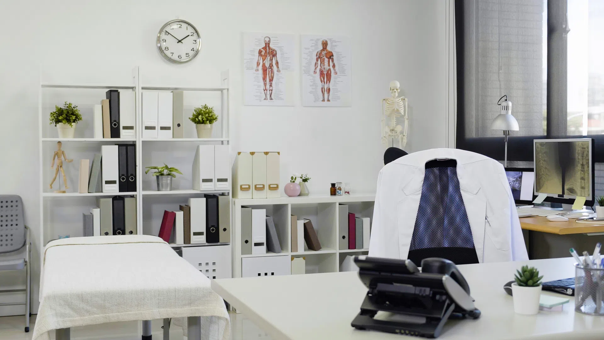 Modern medical office with examination table, anatomy charts, skeleton model, and organized shelves in bright room.