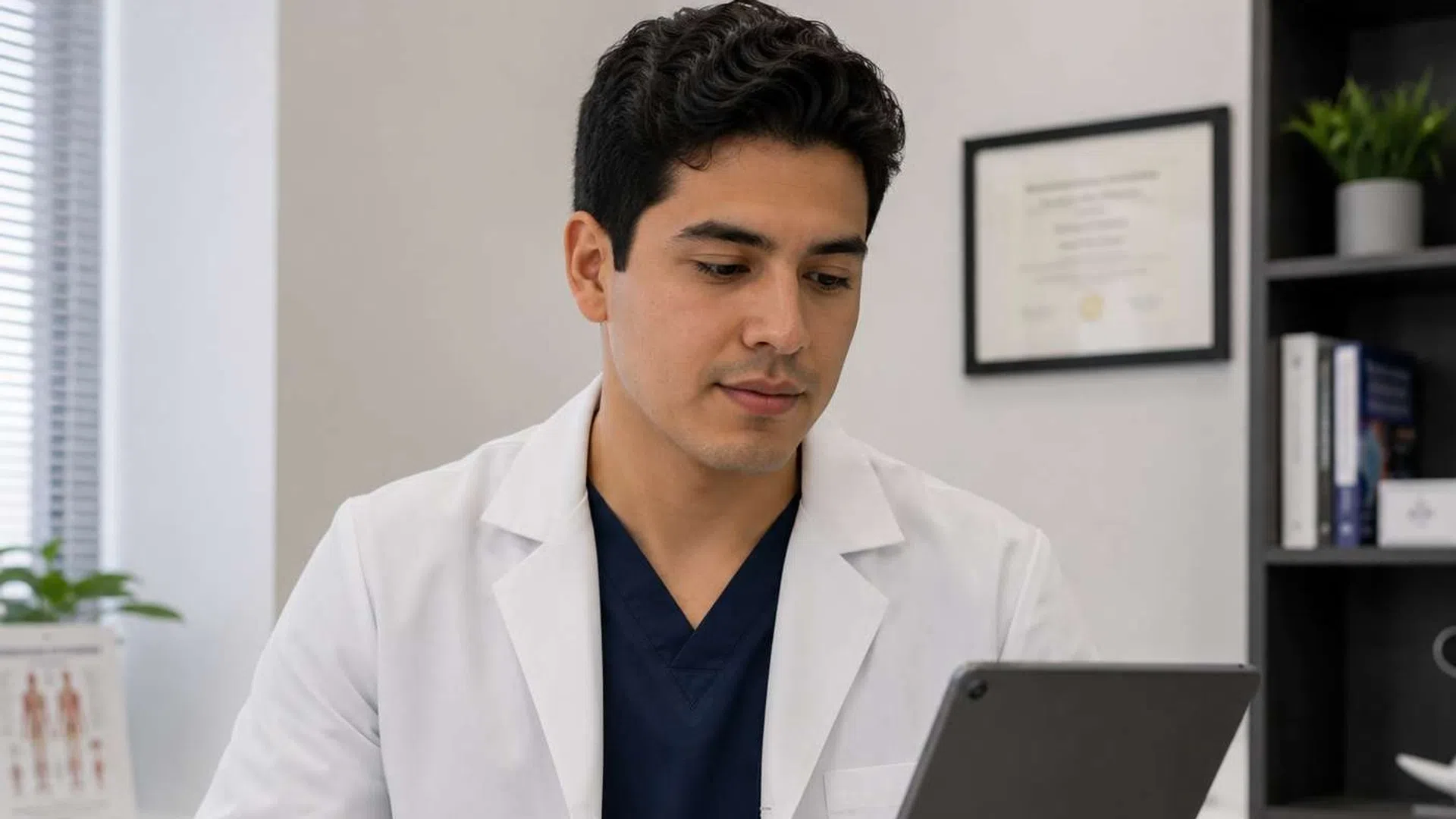 Male doctor in white coat holding a smartphone and tablet in a modern medical office setting.