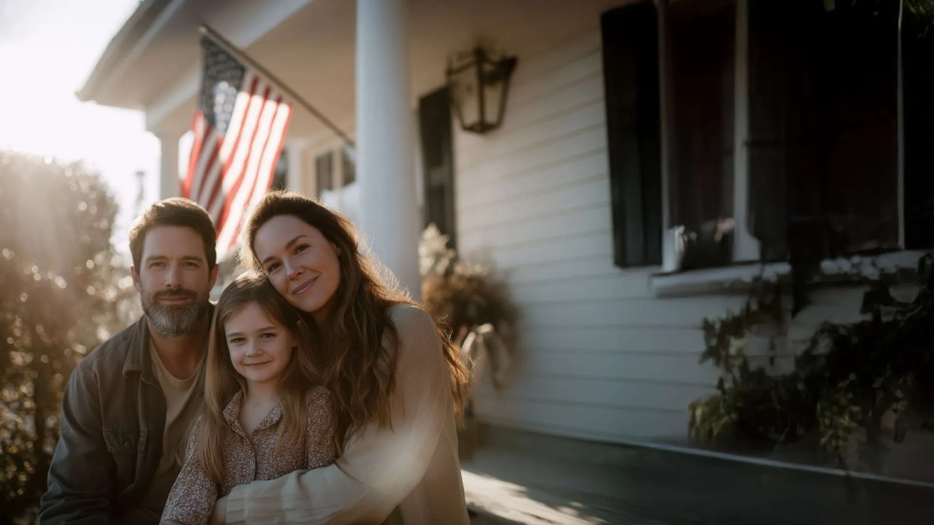 Happy family of three sitting on a porch with an American flag in the background at sunset.