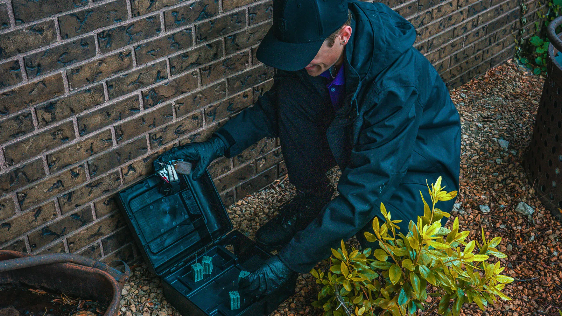 Pest control technician setting up bait stations along a brick wall for rodent control outdoors.