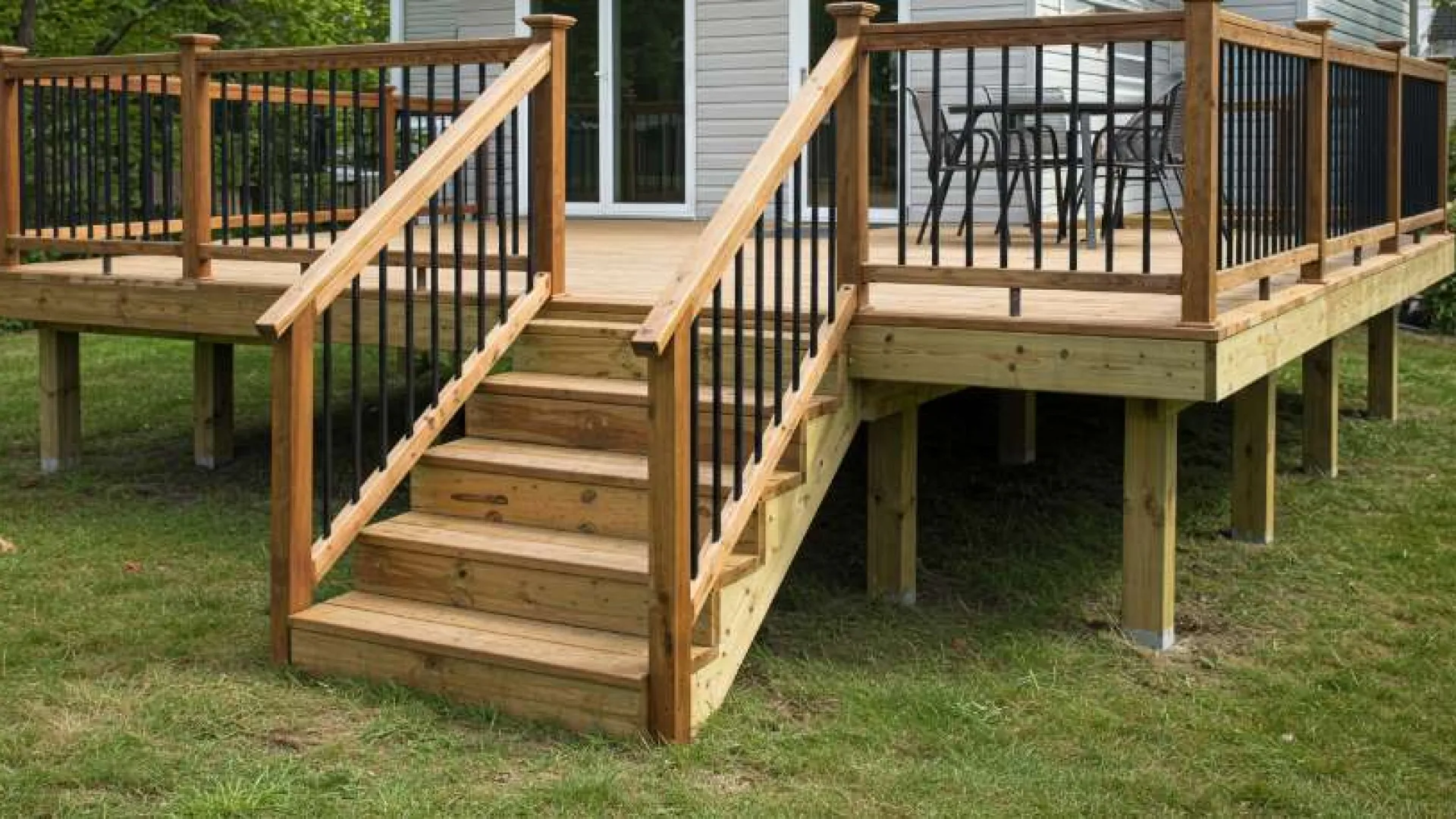 Wooden backyard deck with stairs, black metal balusters, and outdoor chairs on a grassy lawn beside a house.