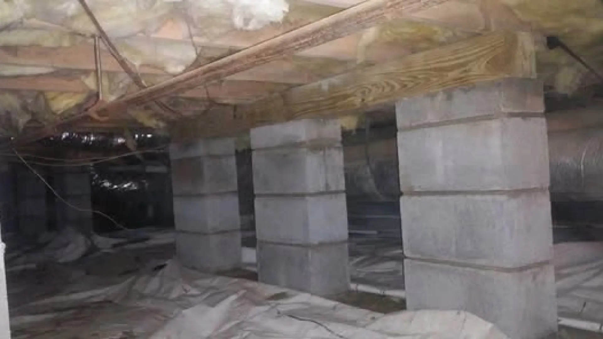 Crawl space with concrete block support pillars and exposed floor joists with insulation above.