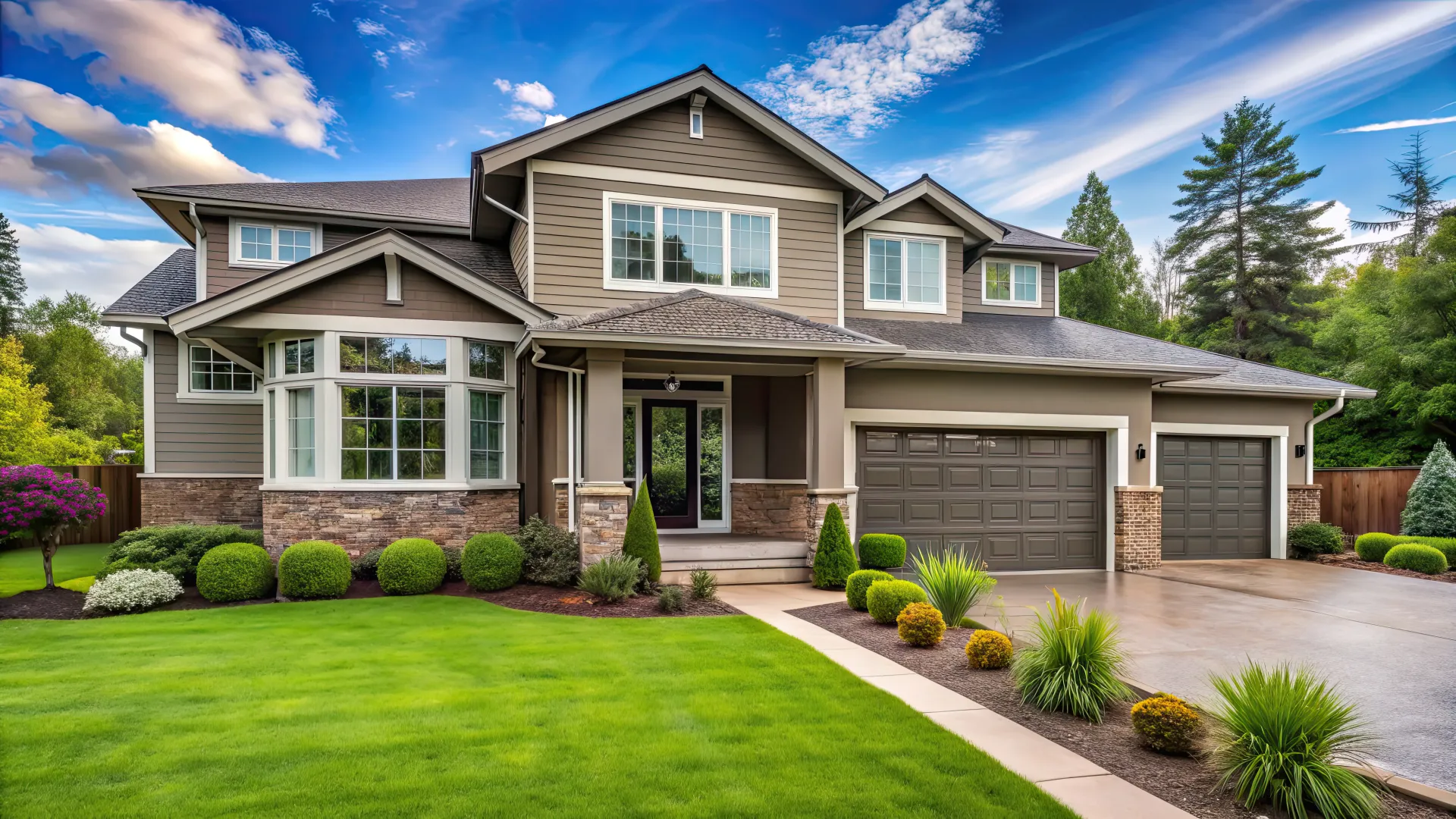 Modern suburban house with manicured lawn, two-car garage, and beautiful landscaping under a blue sky.