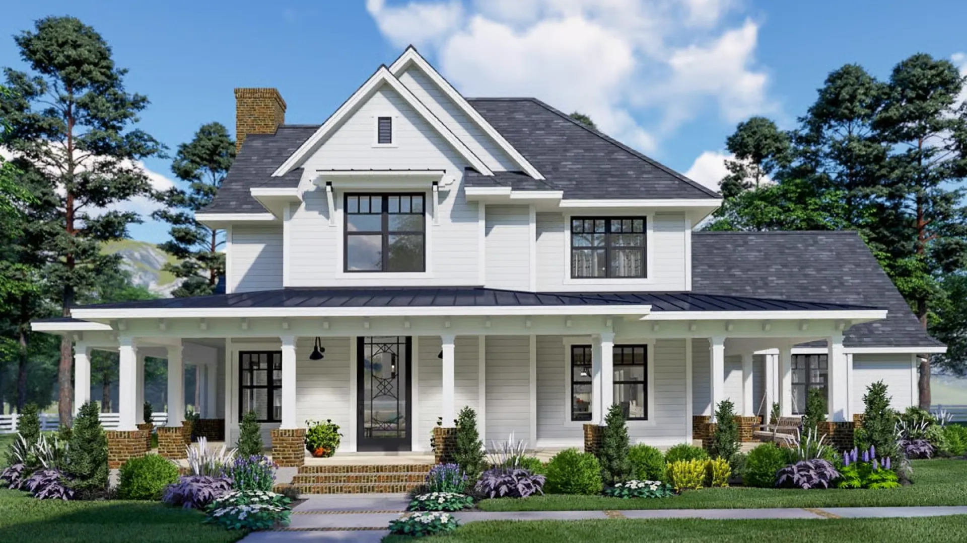 Charming modern farmhouse with a large porch, lush landscaping, and bright blue sky in the background.
