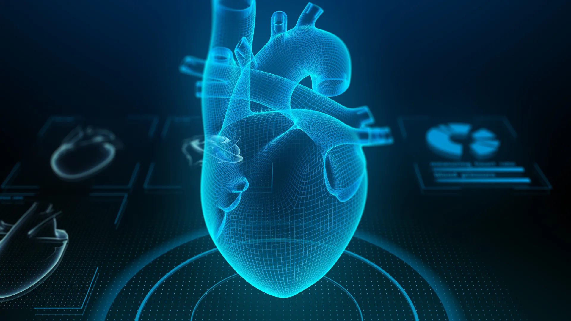 3D holographic representation of a human heart with digital interface elements.