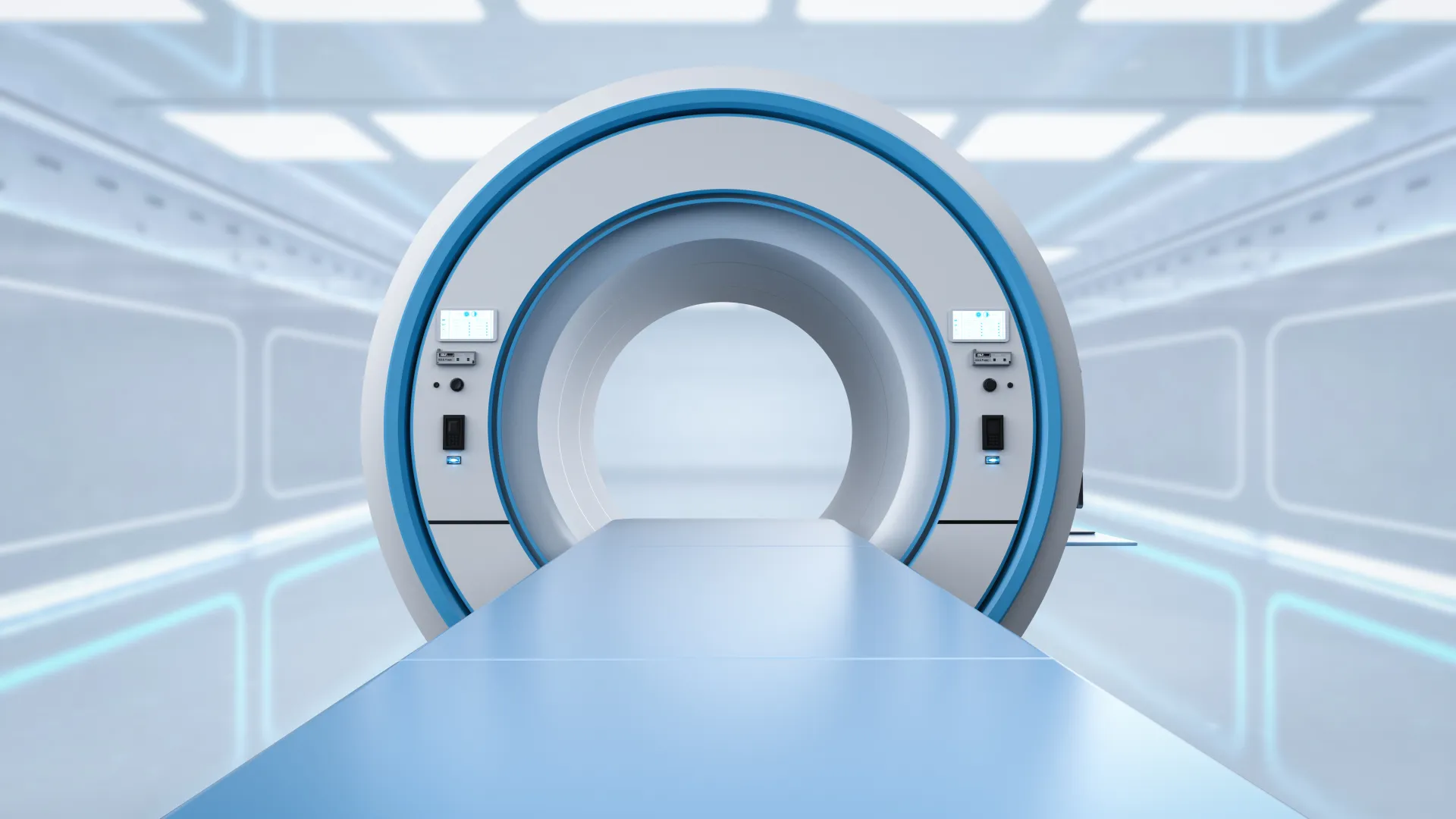 A modern MRI machine in a clean, bright medical imaging room with a sleek design.