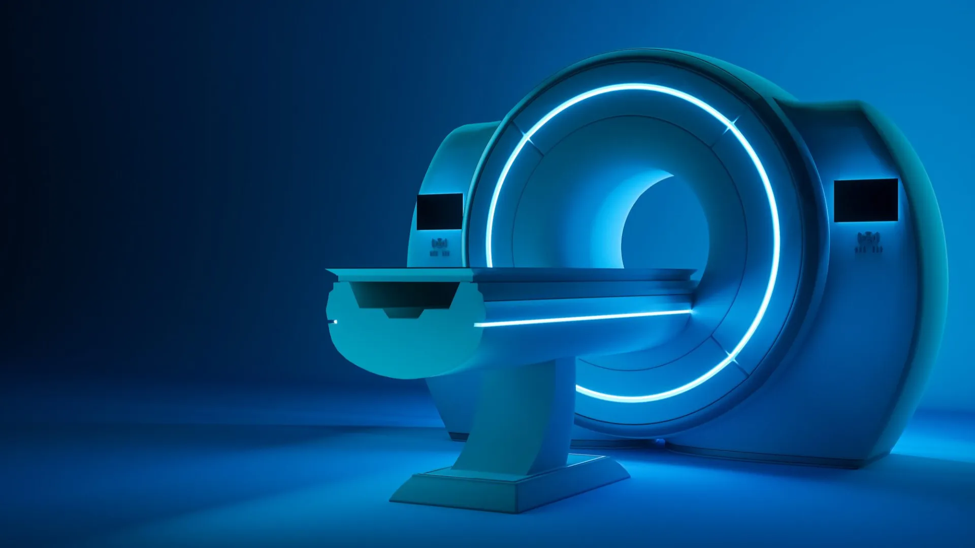 A modern MRI machine with a sleek design and blue ambient lighting.