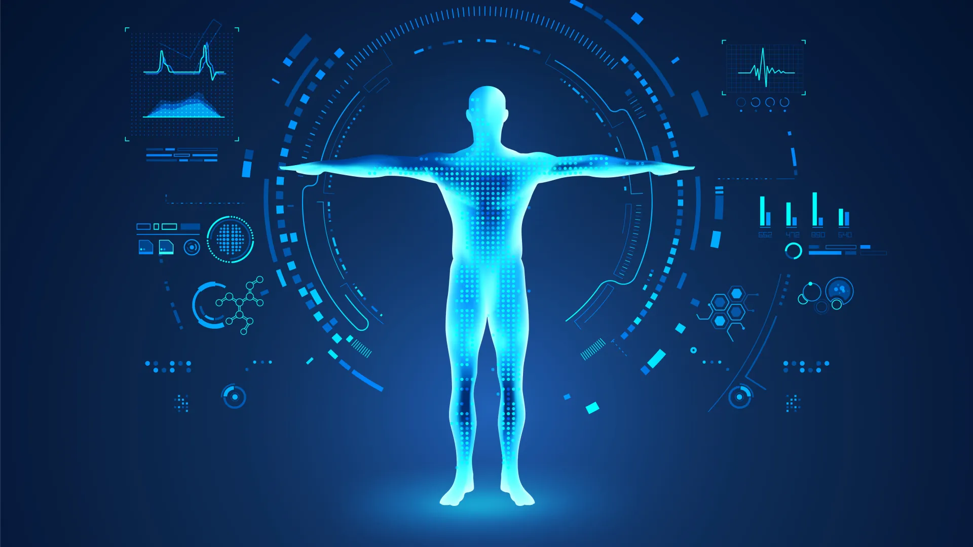 A blue digital human silhouette surrounded by health analytics and data visualizations.